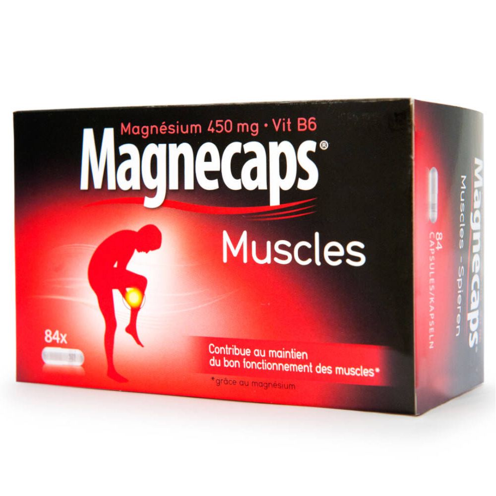 Boîte Magnecaps Muscles. Graphique rouge d'une personne avec douleur à la jambe. Contient 84 gélules.
