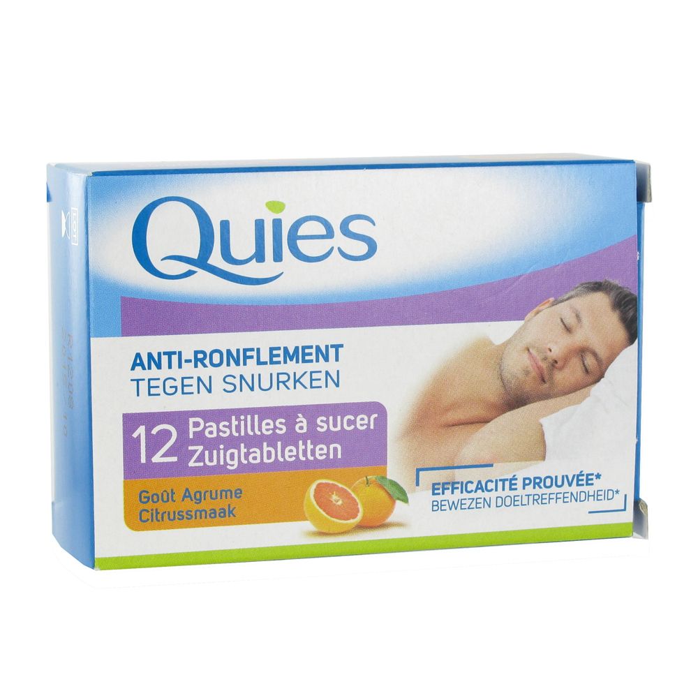 Verpakking van Quies Anti-Snurken. Bevat 12 zuigtabletten. Illustratie van slapende man en citrusvruchten.