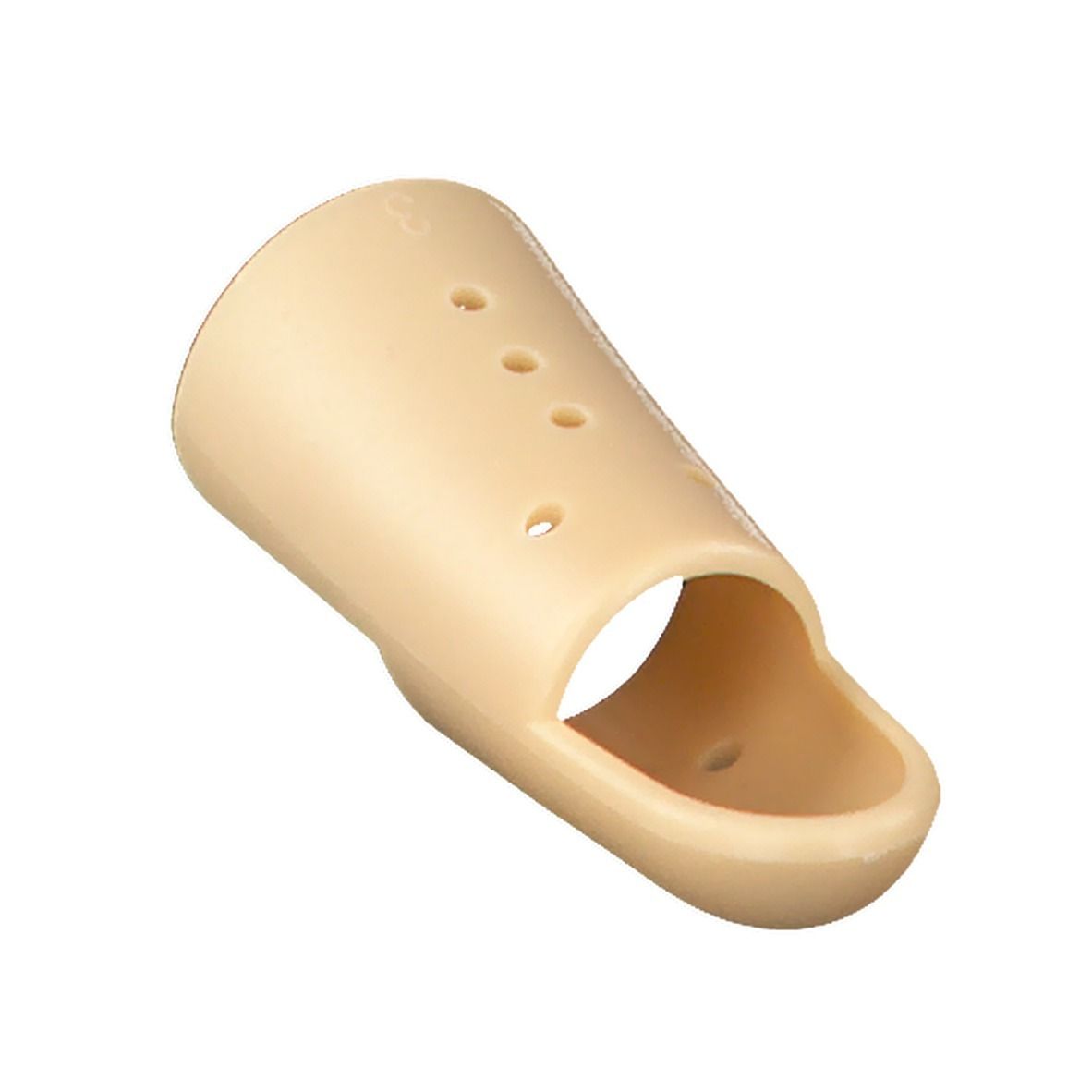 Attelle de doigt beige avec trous. Forme conique avec extrémité ouverte et découpe.