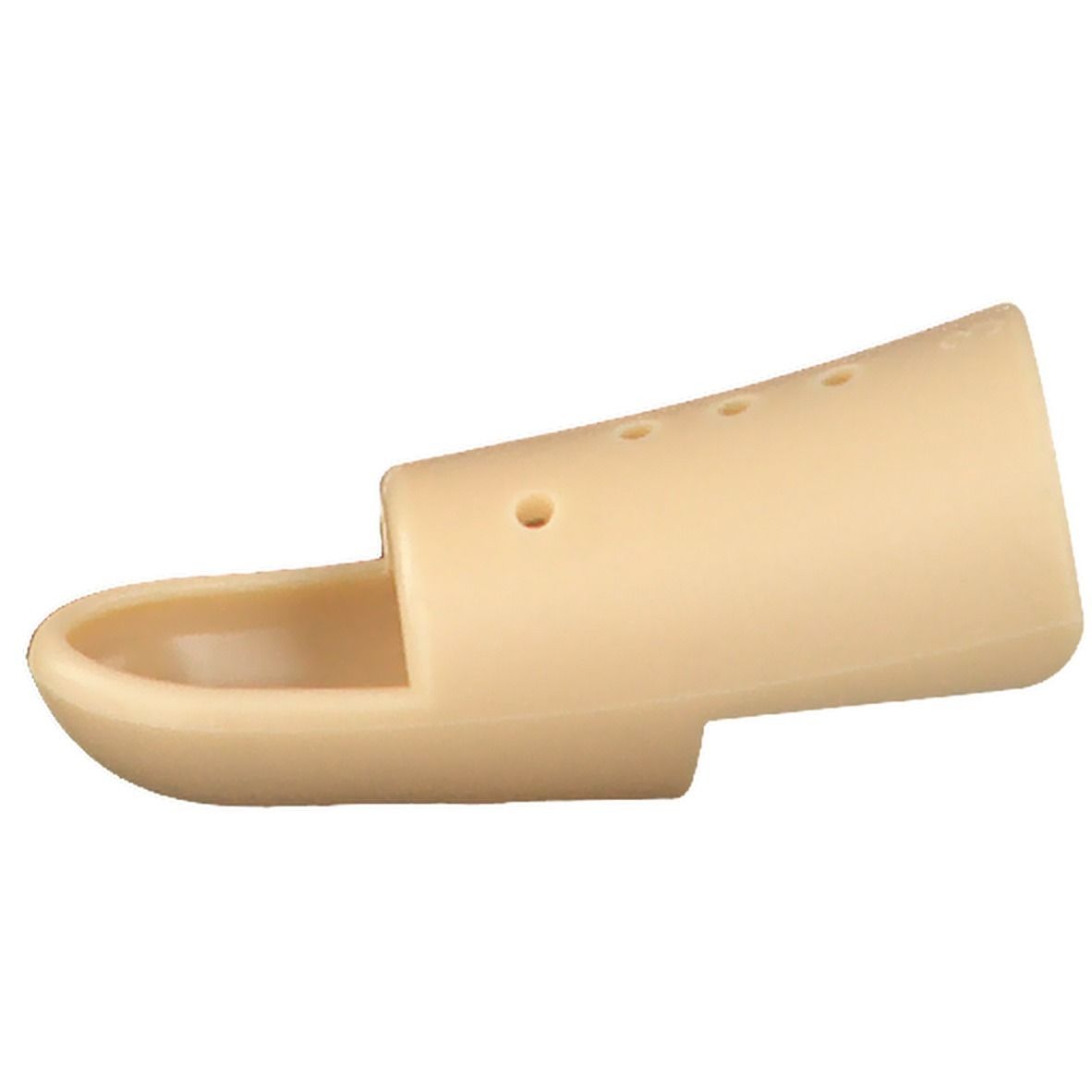 Attelle de doigt beige avec trous. Forme conique avec extrémité ouverte et découpe.