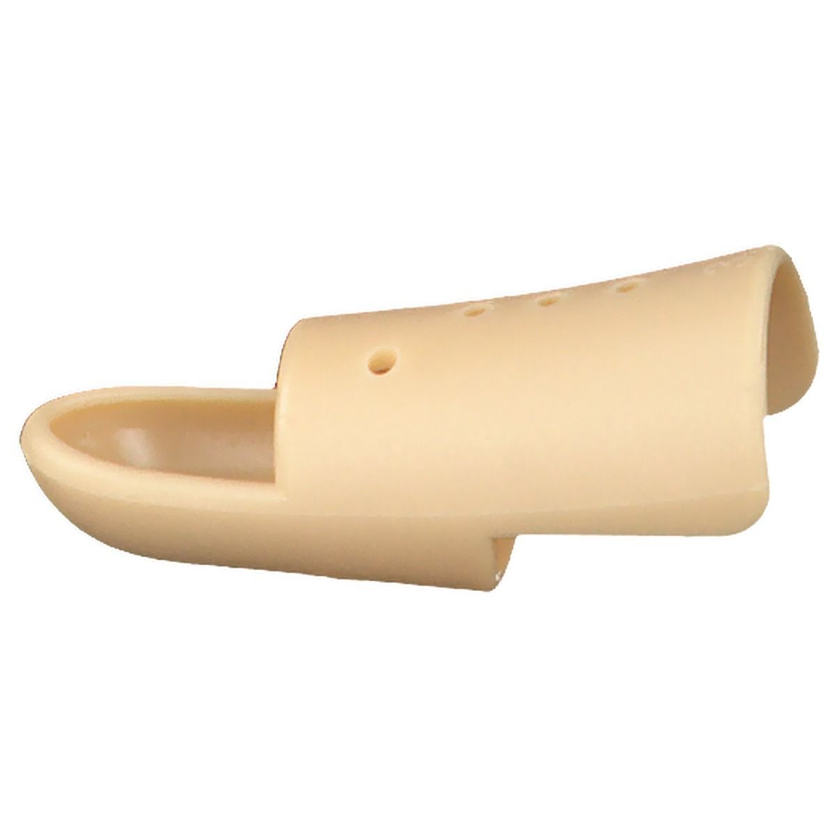 Attelle de doigt beige avec trous. Forme conique avec extrémité ouverte et découpe.
