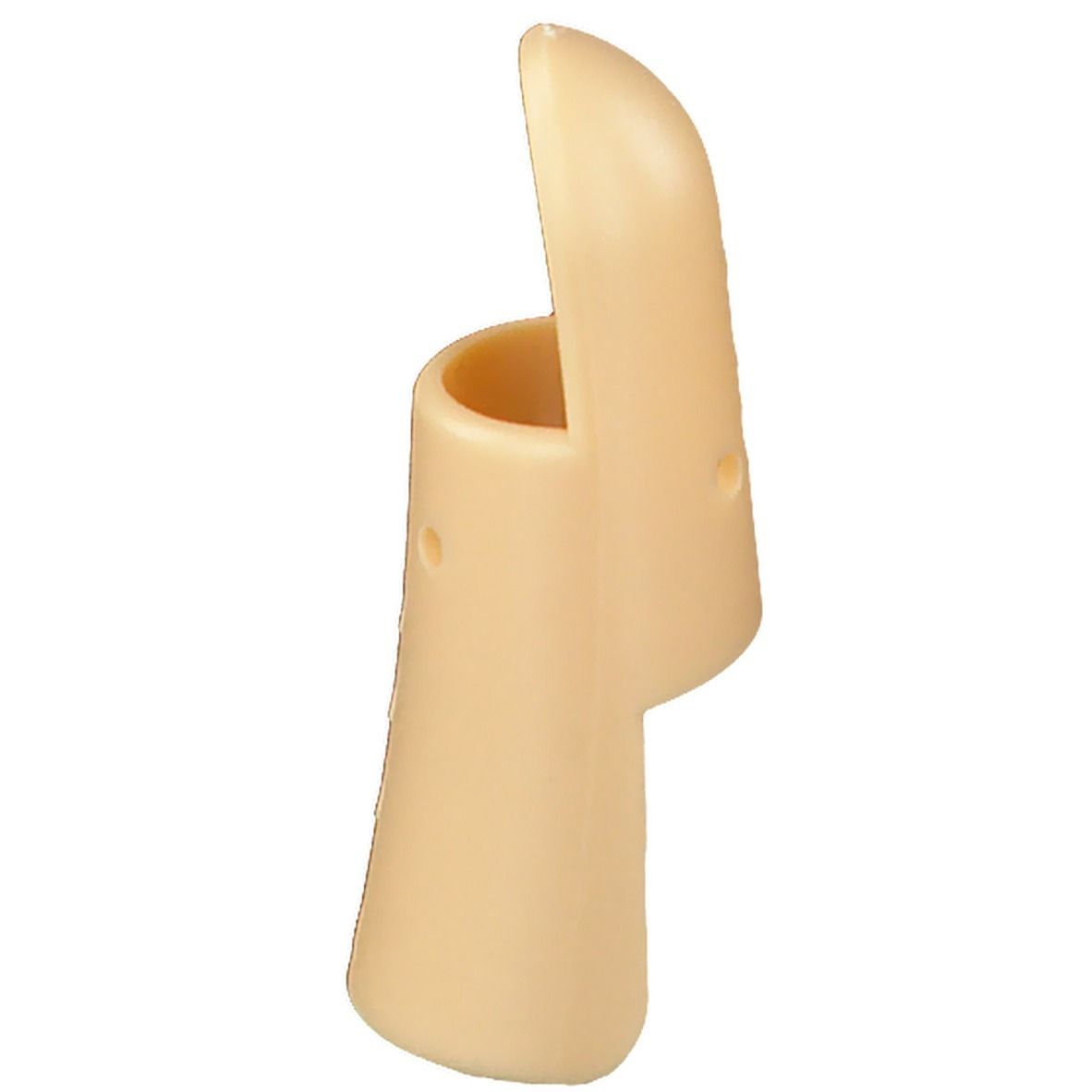 Attelle de doigt beige, vue latérale. Forme conique avec extrémité arrondie. Partiellement ouverte.