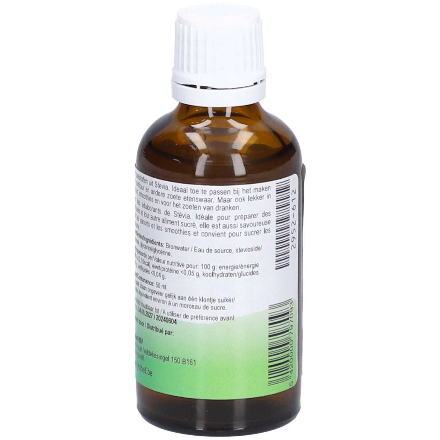 Bruine glazen fles met witte dop. Achterkant met etiket en tekst. Productnaam niet zichtbaar.