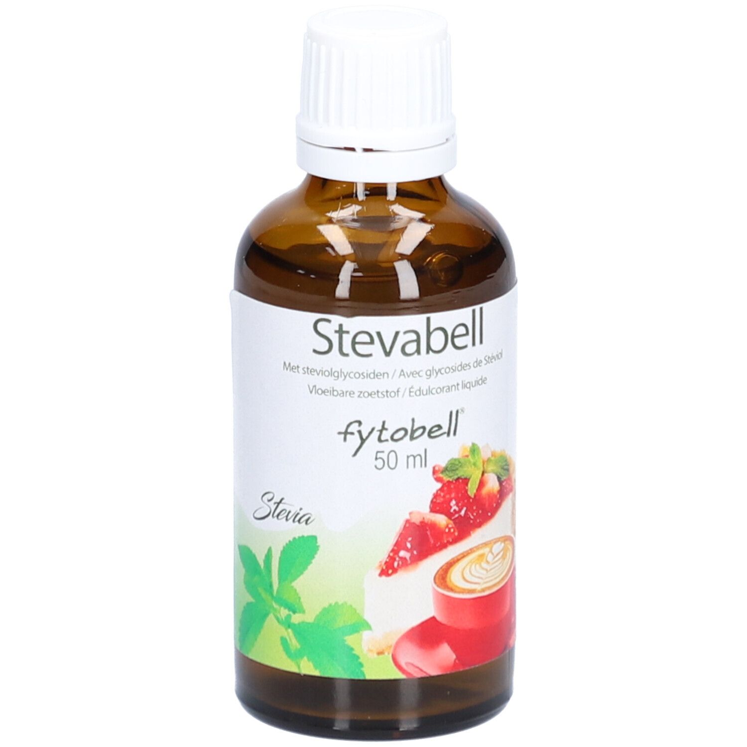 Bruine glazen fles met witte dop. Etiket met productnaam, Stevia-logo en afbeelding van taart en koffie.
