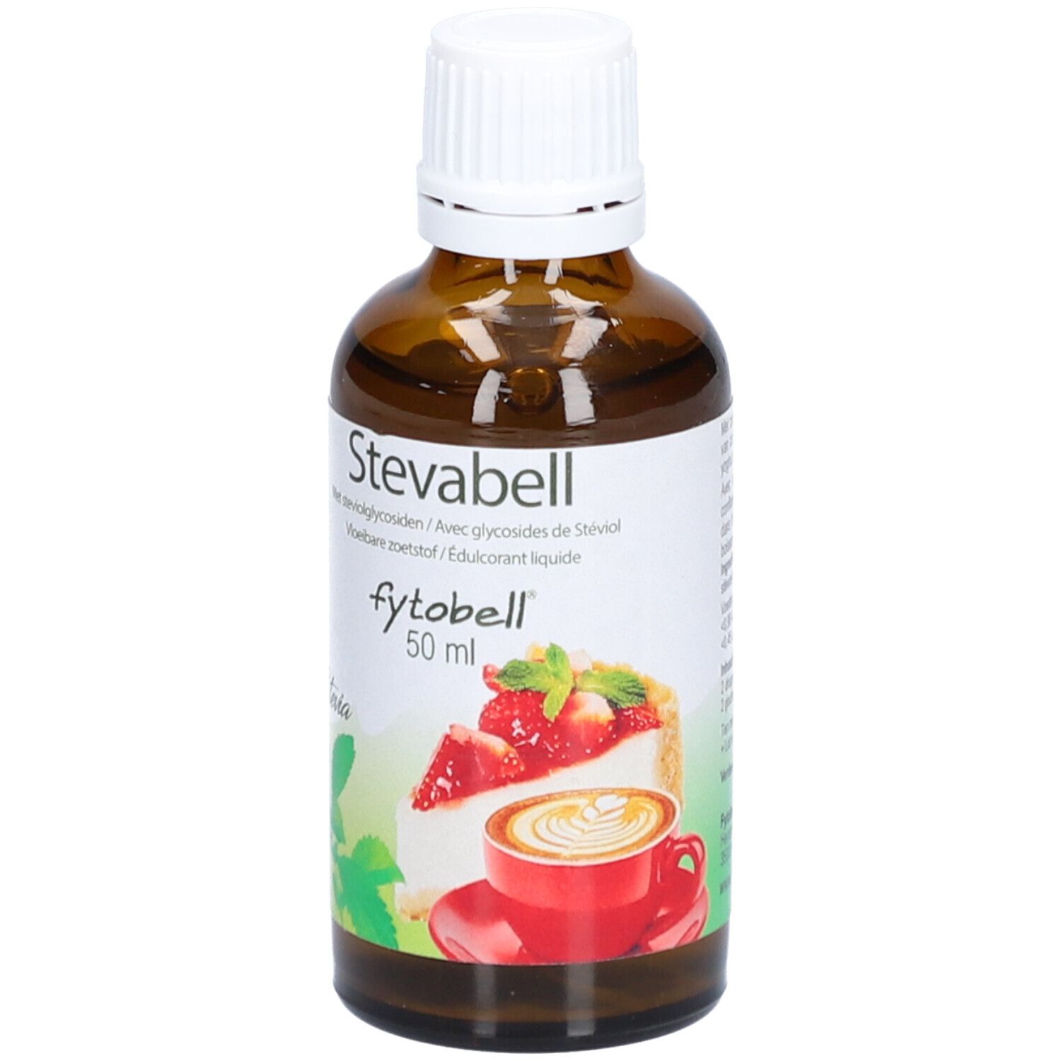 Bruine glazen fles met witte dop. Etiket met productnaam, Stevia-logo en afbeelding van taart en koffie.