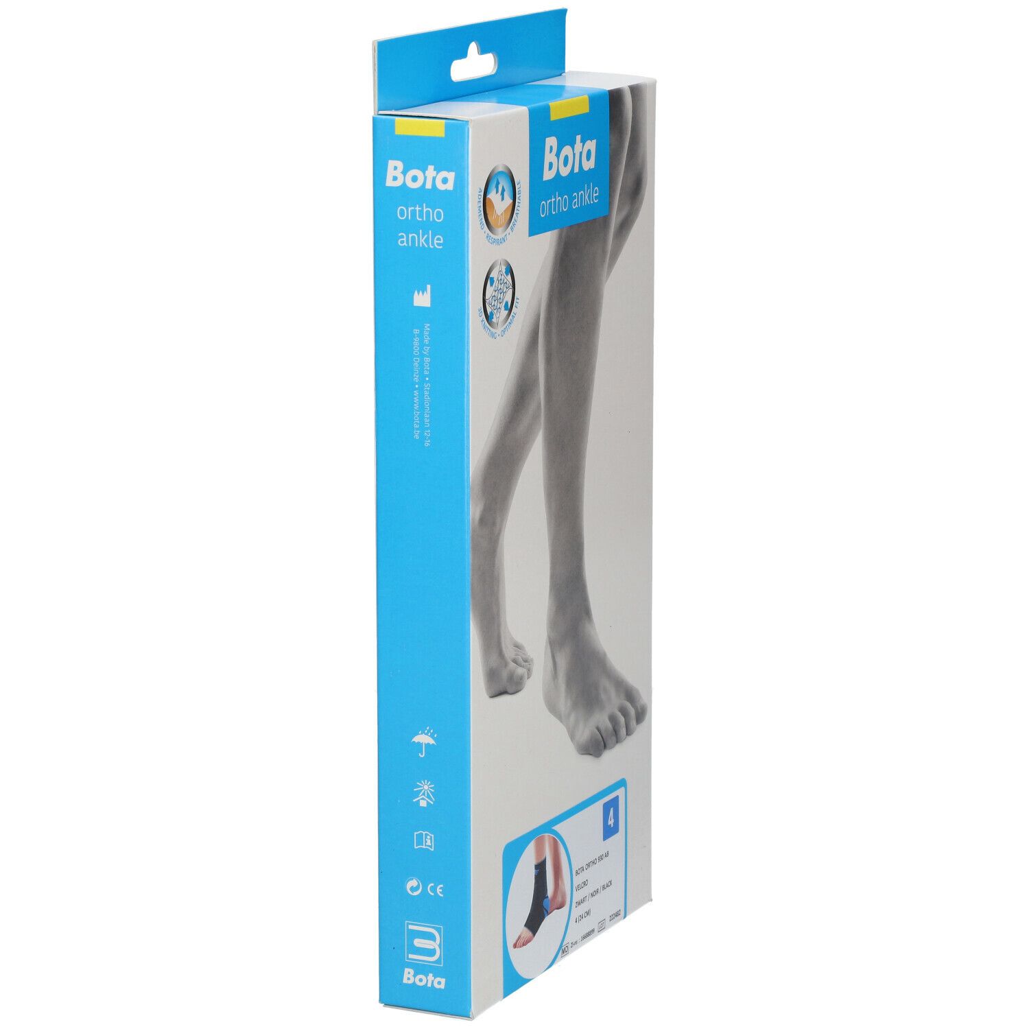 Zijaanzicht van de BOTA ortho enkelbrace verpakking. Productnaam en illustraties.