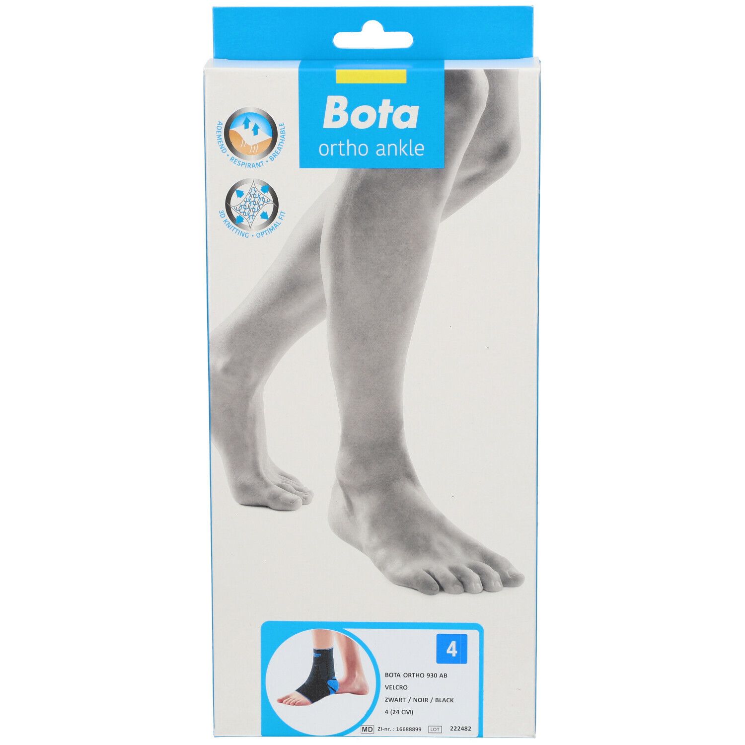 Vooraanzicht van de BOTA ortho enkelbrace verpakking. Productafbeelding, maat en logo.