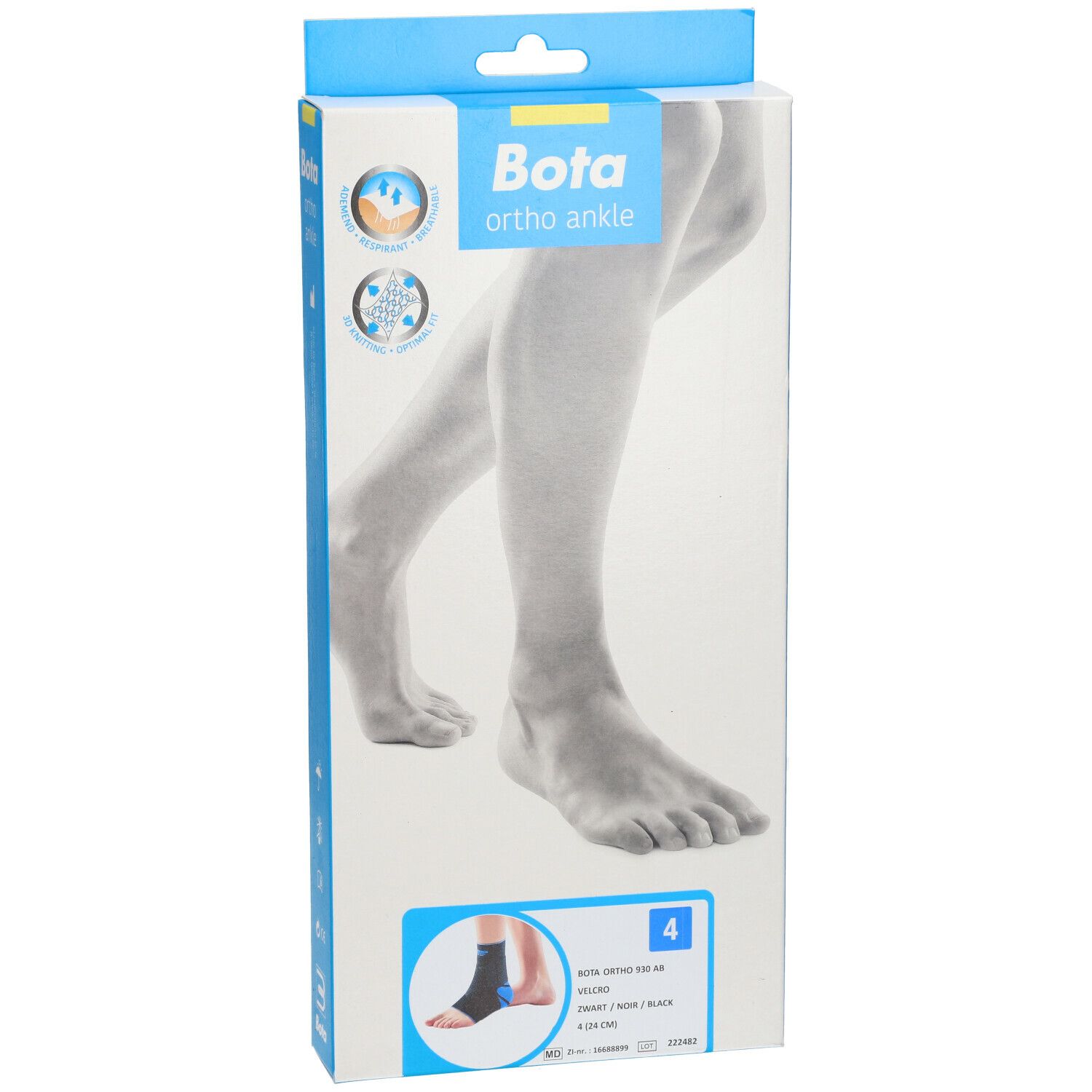Vooraanzicht van de BOTA ortho enkelbrace verpakking. Productafbeelding, maat en logo.