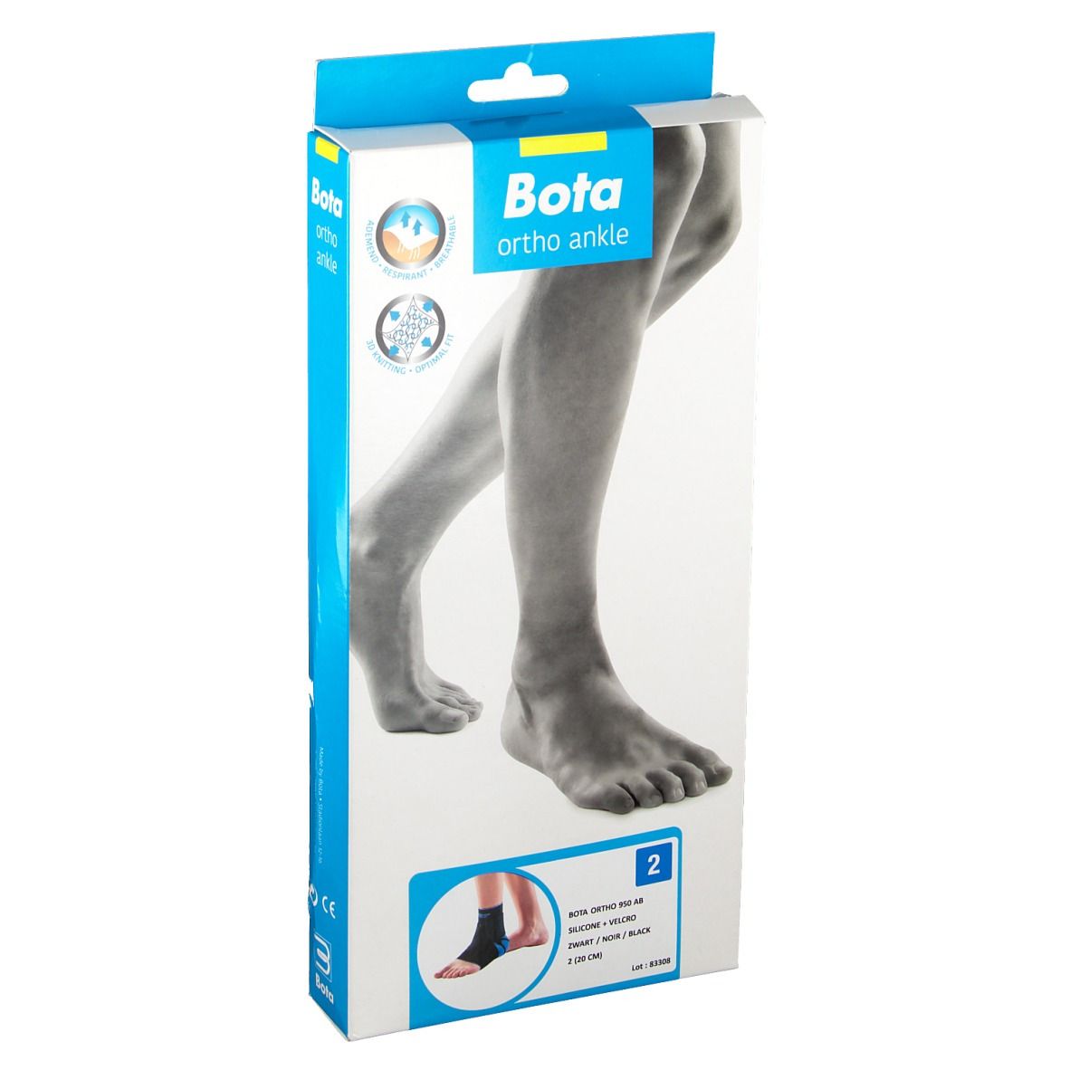 Emballage de l'attelle de cheville Bota Ortho. Face avant avec illustration de jambe, image du produit et logo.