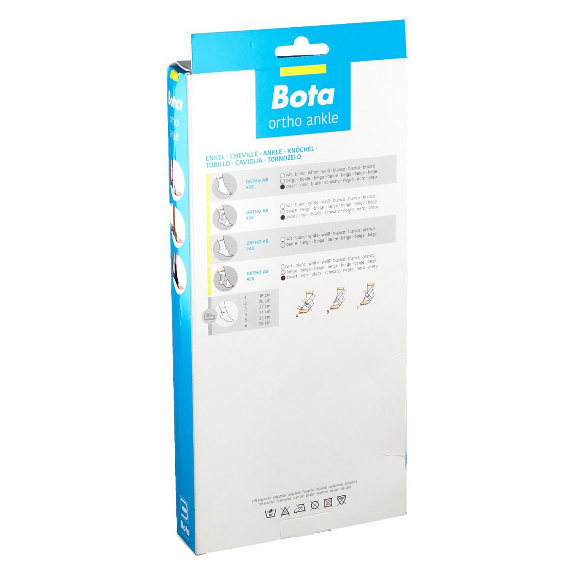 Dos de l'emballage de l'attelle de cheville Bota Ortho. Informations sur le produit, informations sur les tailles et logo.