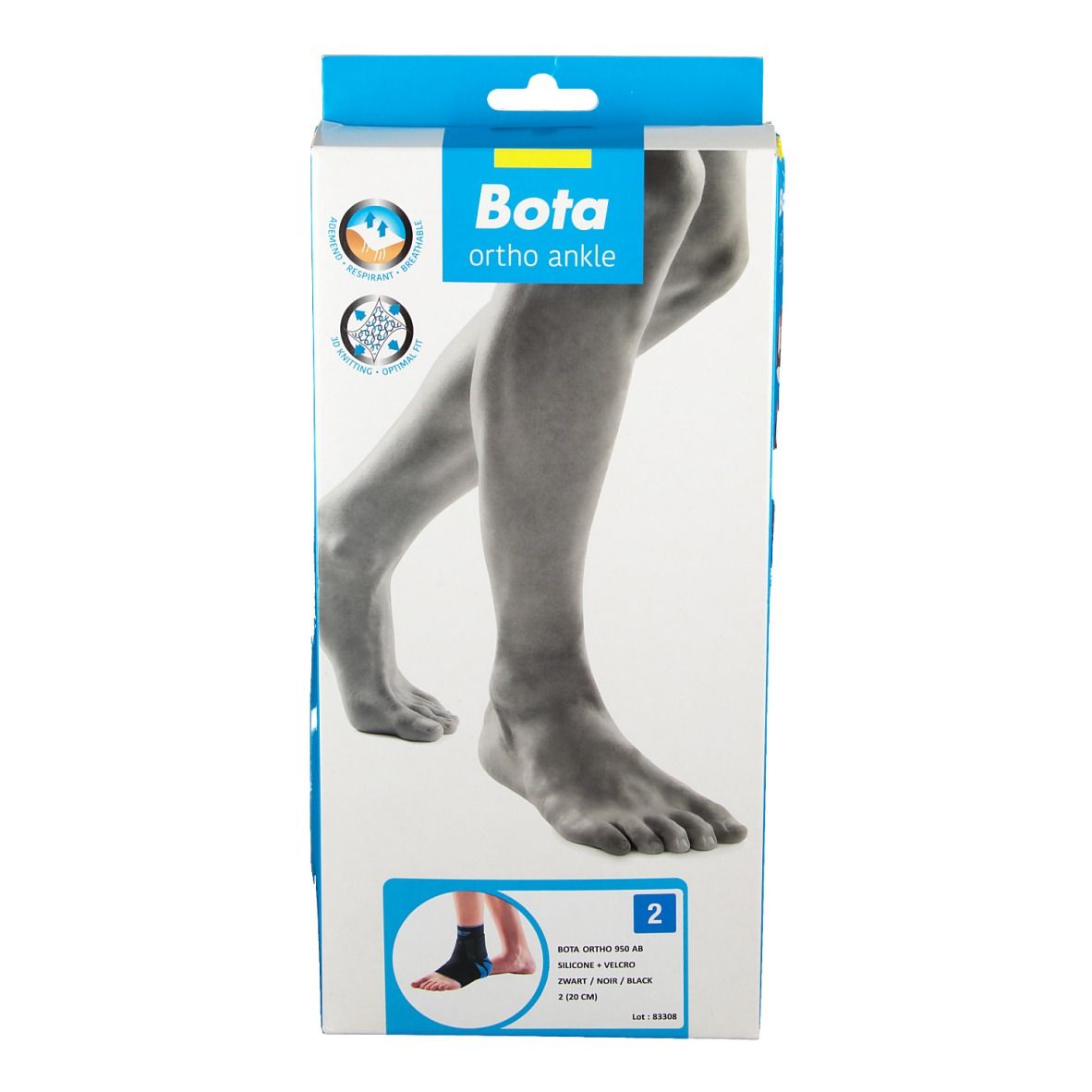 Vue de face de l'emballage de l'attelle de cheville Bota Ortho. Illustration de la jambe, image du produit et logo.
