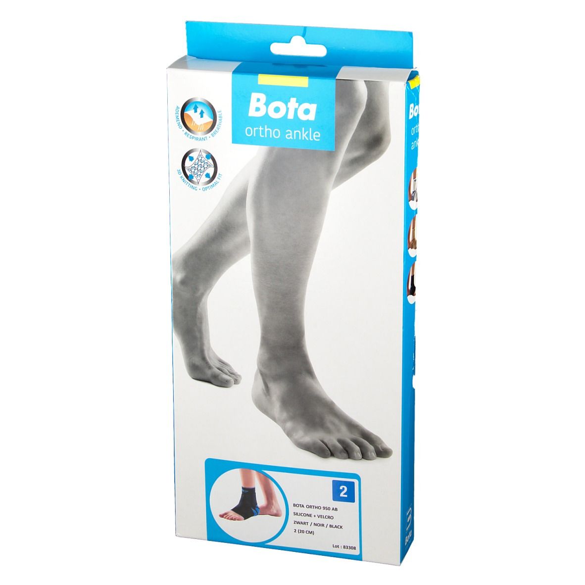 Vue de face de l'emballage de l'attelle de cheville Bota Ortho. Illustration de la jambe, image du produit et logo.
