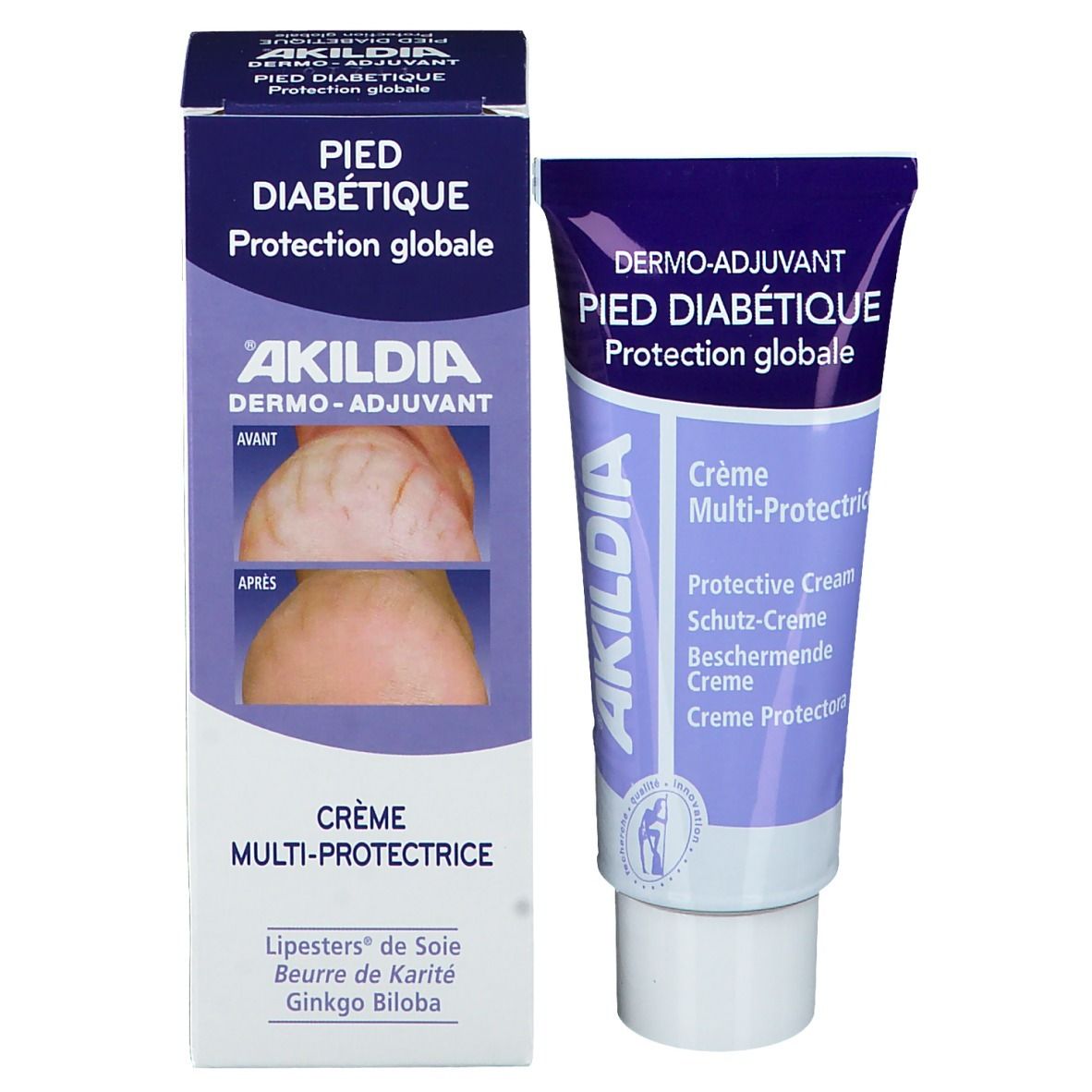 Crème AKILDIA et emballage. Emballage bleu avec tube de crème. Texte: Crème Multi-Protectrice, Pied Diabétique, AKILDIA.