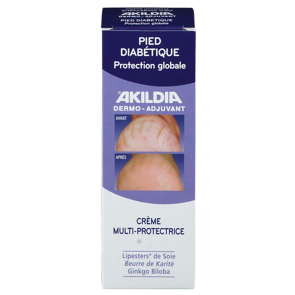 Emballage de la crème AKILDIA. Emballage bleu. Texte: Crème Multi-Protectrice, Pied Diabétique, AKILDIA, Avant/Après.