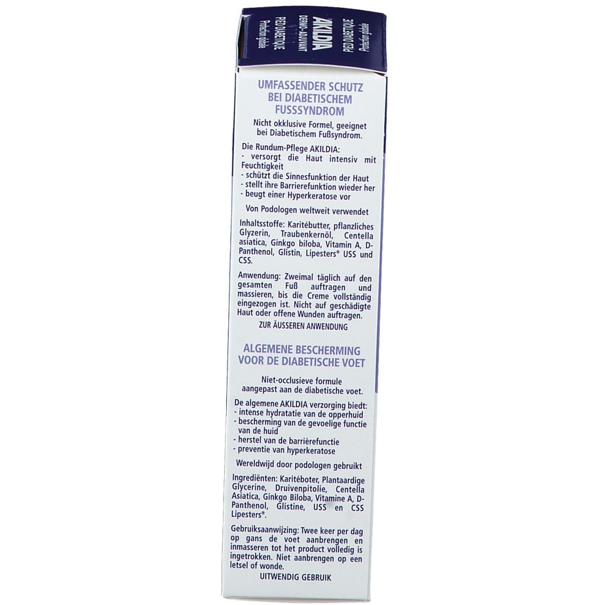 Dos de l'emballage de la crème AKILDIA. Texte: Ingrédients, utilisation, description générale, pour pieds diabétiques.
