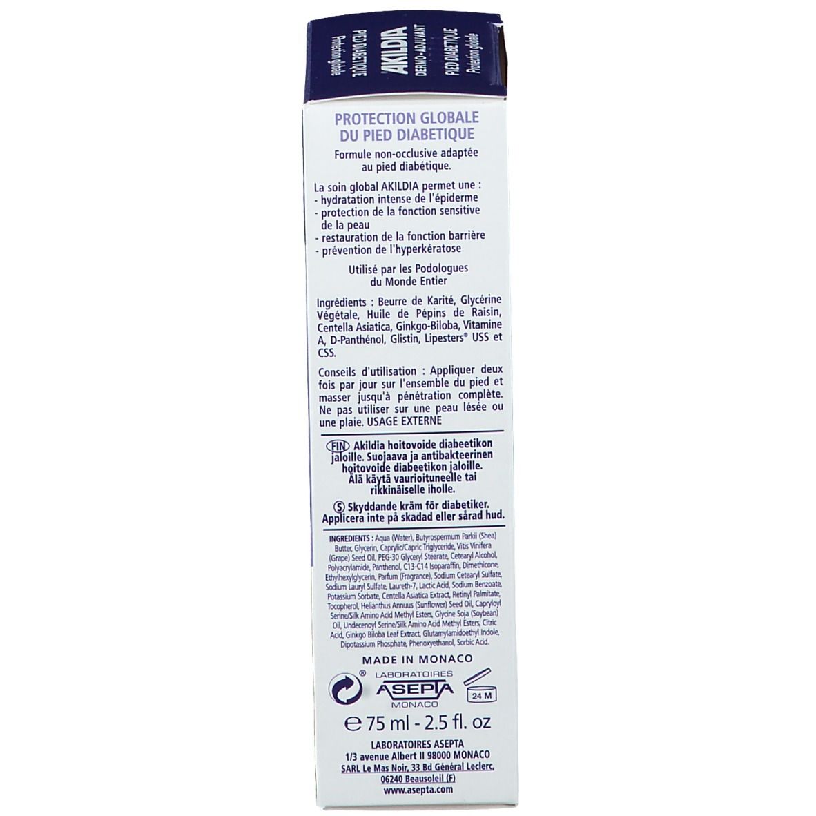 Dos de l'emballage de la crème AKILDIA. Texte: Protection des pieds diabétiques, ingrédients, utilisation, fabriqué à Monaco.
