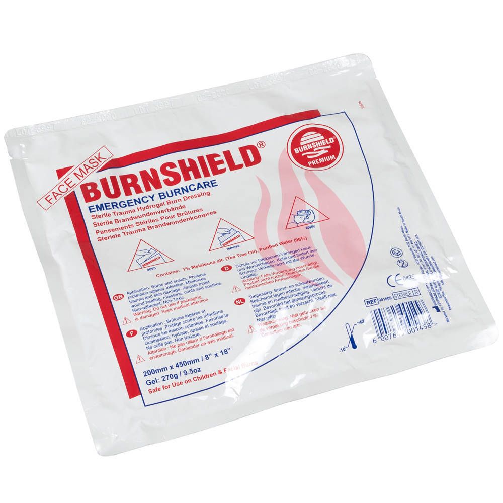 Emballage blanc avec texte rouge. BURN SHIELD, Face Mask, 200mm x 450mm. Pansement hydrogel stérile pour brûlures.