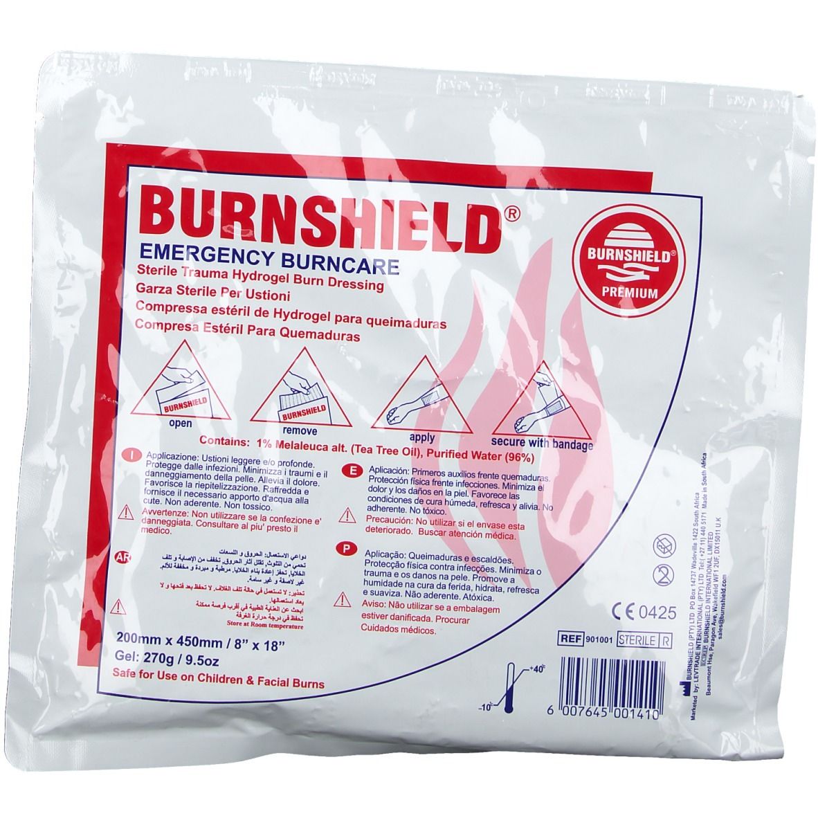 Verpackung mit rotem Logo und Text. Enthält sterile Hydrogel-Brandwundenverbände. Abmessungen: 200mm x 450mm.