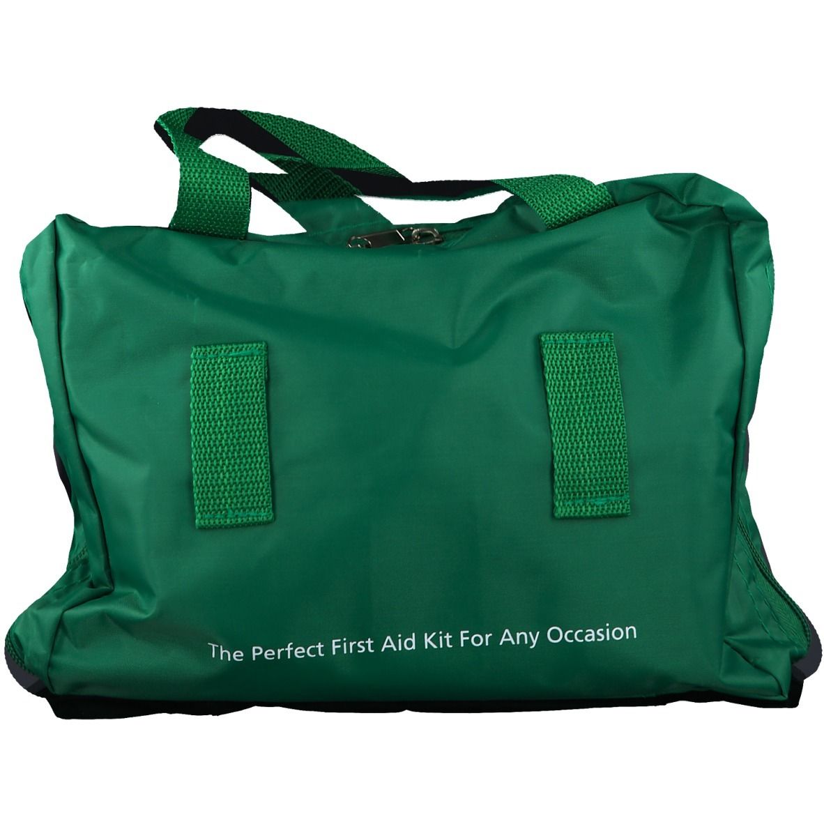 Dos d'une trousse de premiers secours verte. Deux passants, fermeture éclair. Inscription : 'The Perfect First Aid Kit For Any Occasion'.