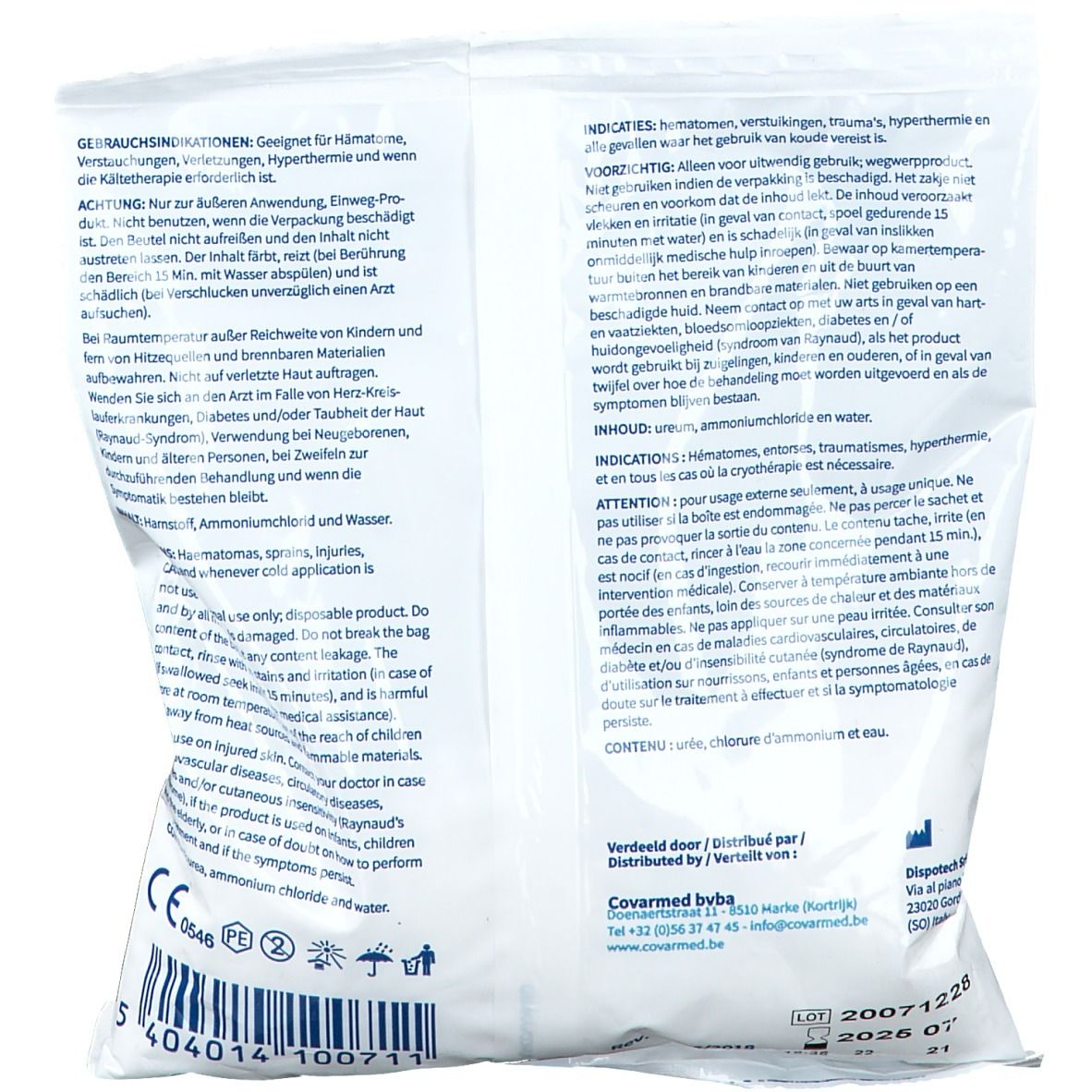 Dos du sachet blanc avec texte multilingue. Contient des informations sur les indications, les ingrédients et le mode d'emploi.