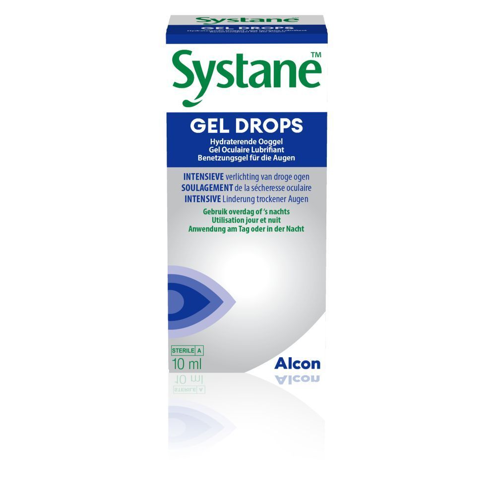 Emballage Systane Gel Drops. Emballage bleu avec nom du produit et informations. 10 ml.