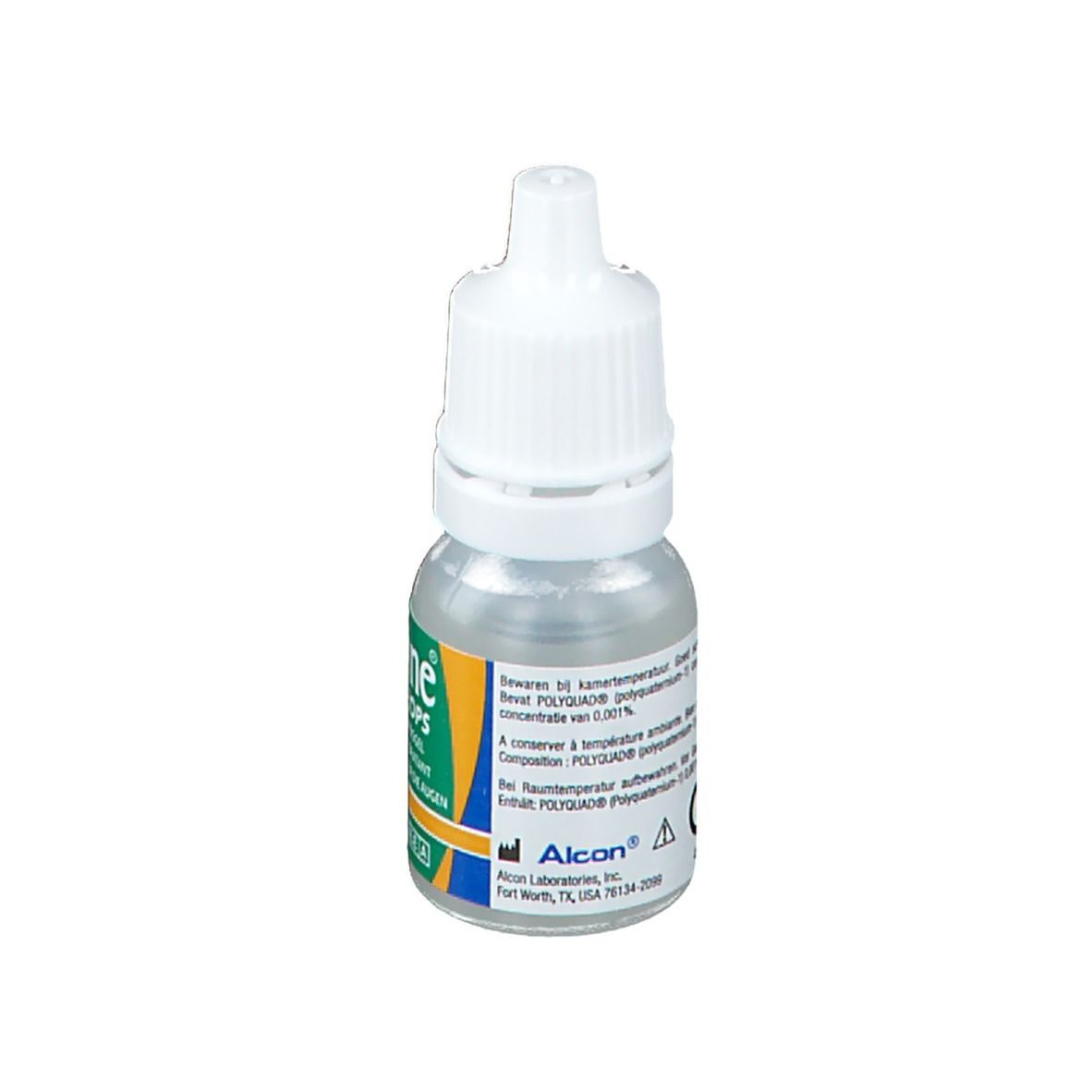 Petite bouteille de Systane Gel Drops. Bouteille transparente avec bouchon blanc. Nom du produit et informations.