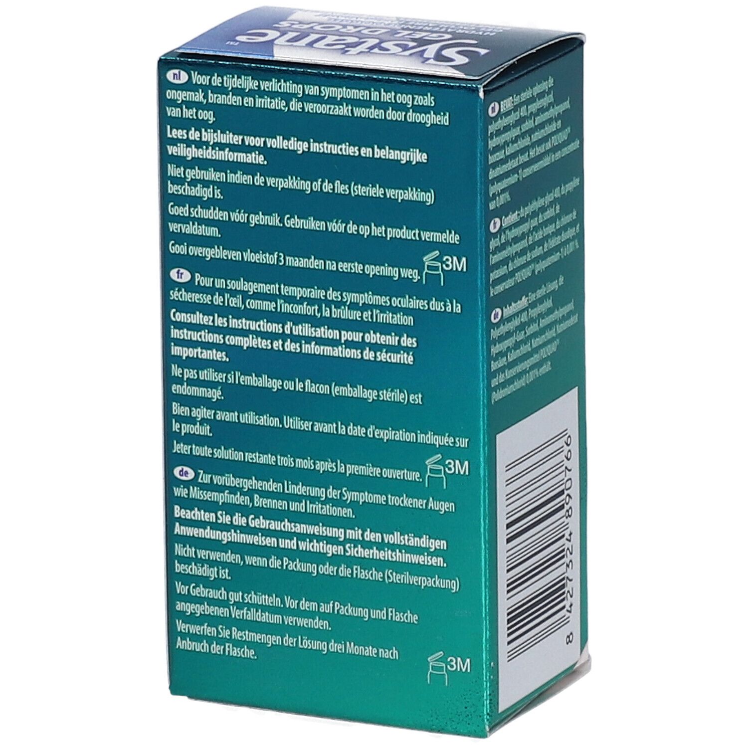 Dos de l'emballage Systane Gel Drops. Texte multilingue. Informations d'utilisation et avertissements.