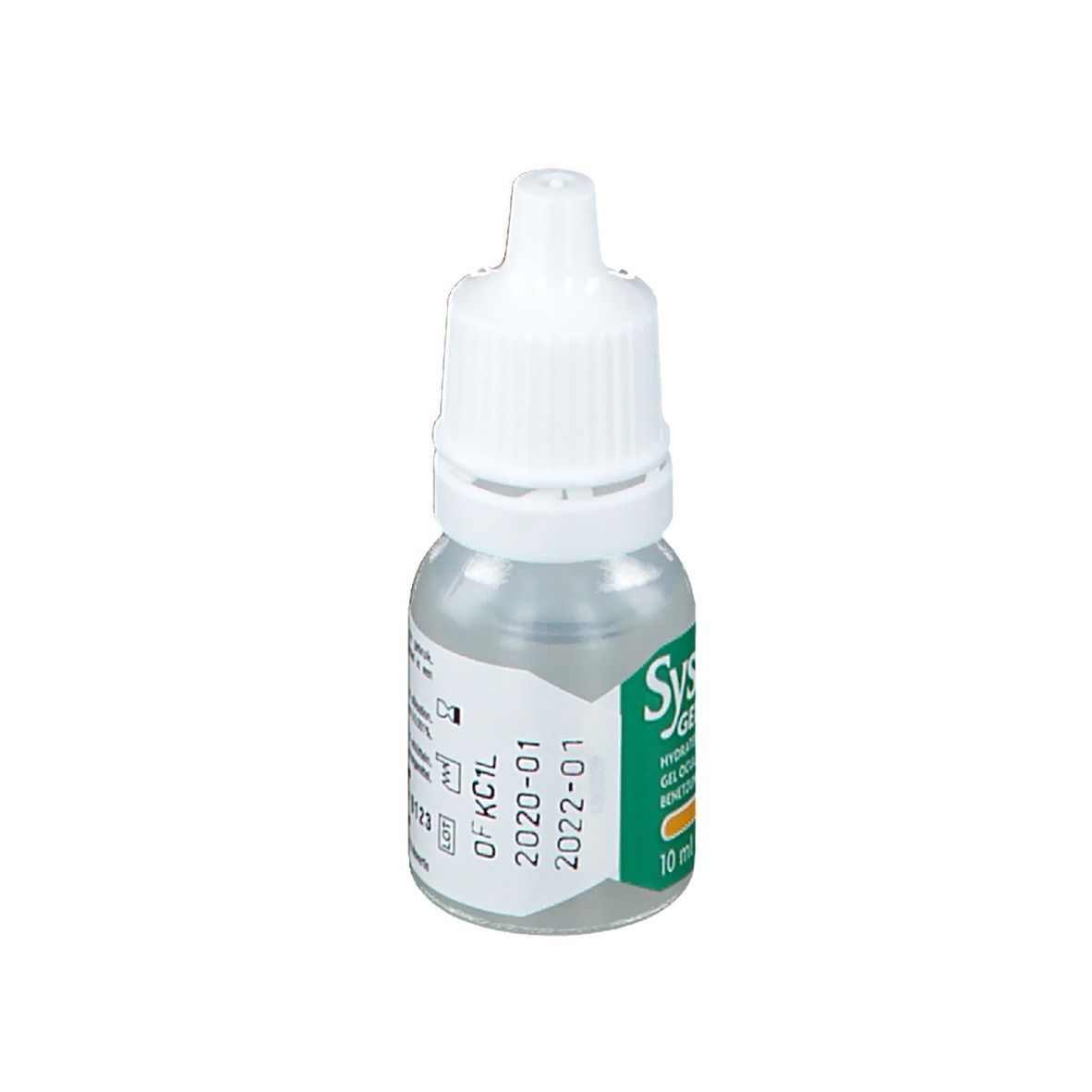 Petite bouteille de Systane Gel Drops. Bouteille transparente avec bouchon blanc. Date de péremption: 2022-01.