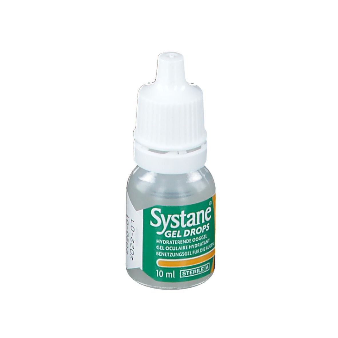Petite bouteille de Systane Gel Drops. Bouteille transparente avec bouchon blanc. 10 ml. Stérile.