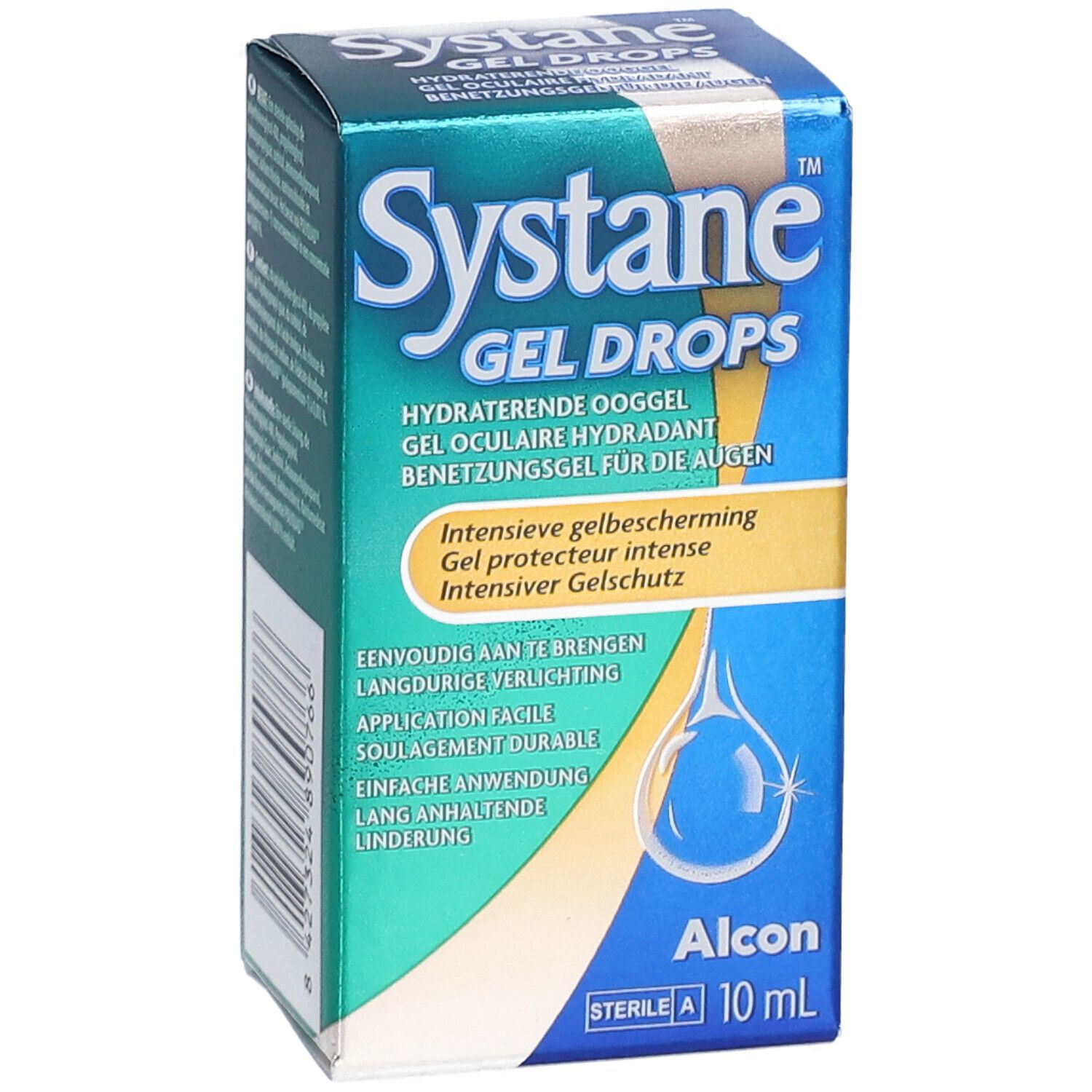 Boîte de Systane Gel Drops. Emballage bleu et vert avec nom du produit et informations. 10 ml.