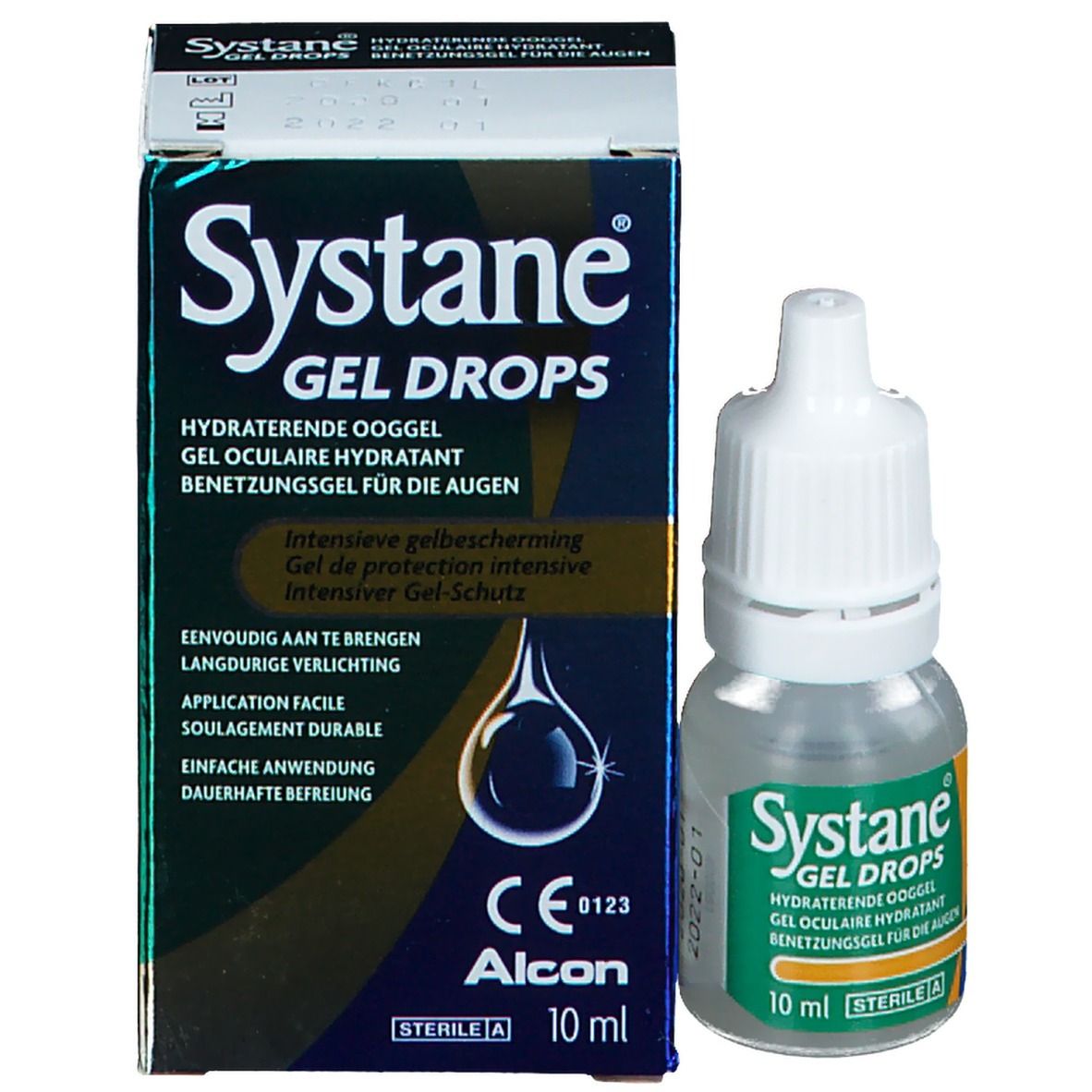 Emballage et flacon de Systane Gel Drops. Emballage bleu, flacon transparent. 10 ml. Stérile.