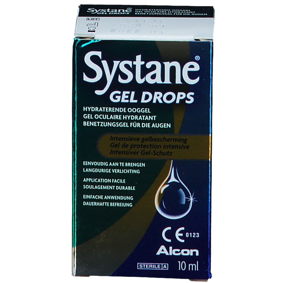 Emballage et flacon de Systane Gel Drops. Emballage bleu, flacon transparent. 10 ml. Stérile.