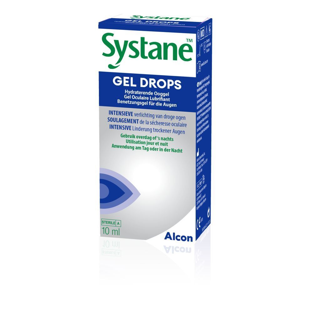 Emballage Systane Gel Drops. Emballage bleu avec nom du produit et informations. 10 ml.