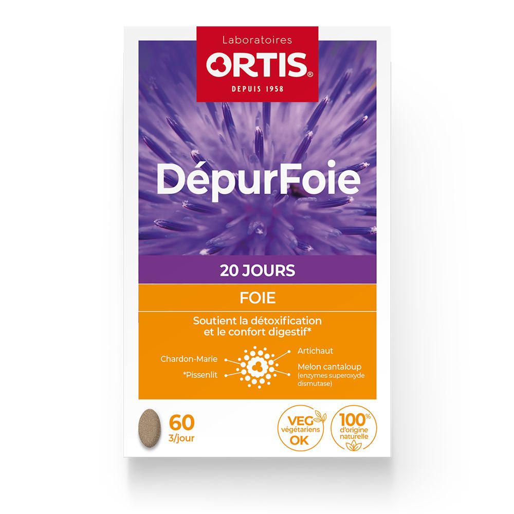 Doosje "DépureFoire" Ortis, 60 tabletten. Natuurlijke ingrediënten. Logo "Veg OK". Tekst: "20 dagen", "Lever", "Mariadistel", "Artisjok". 