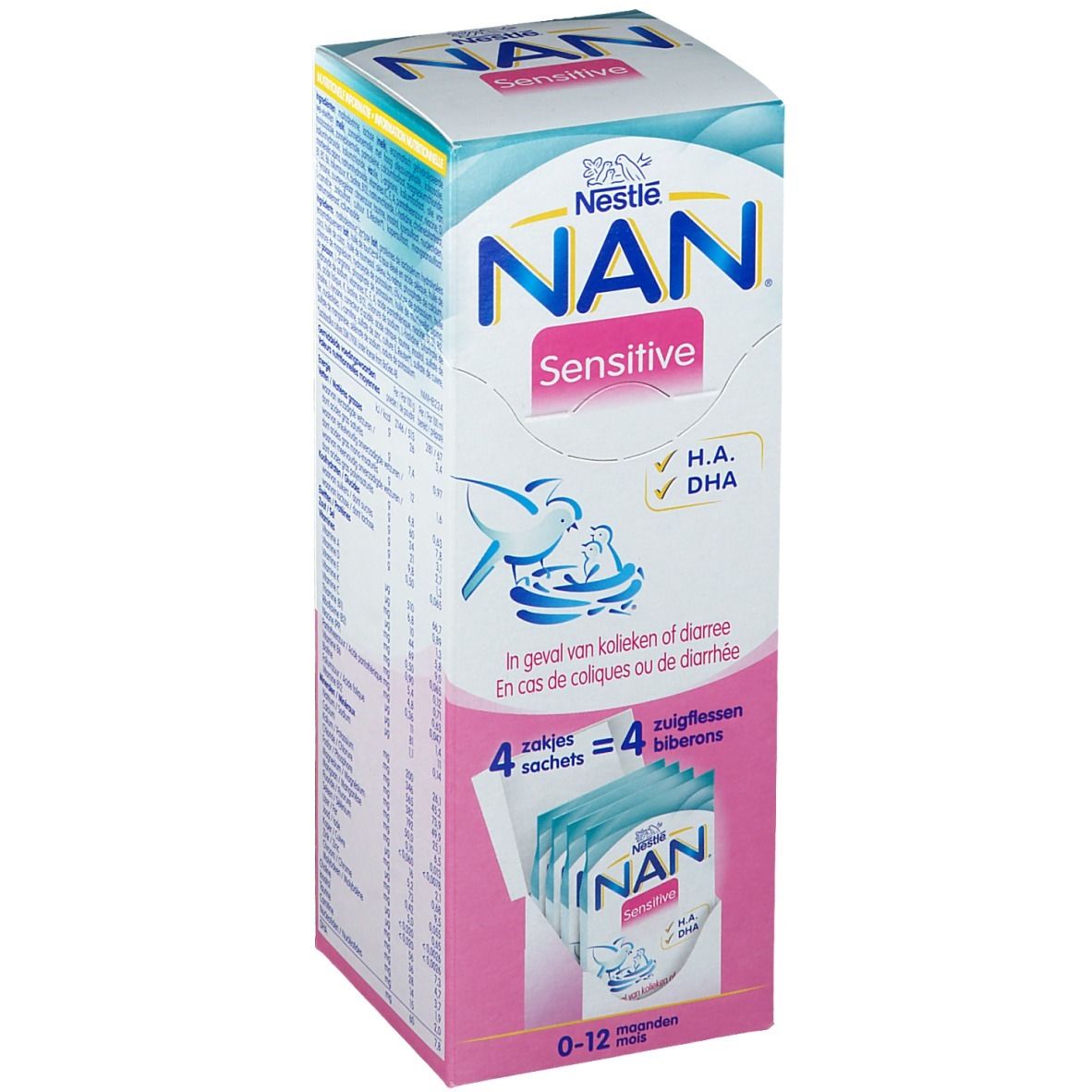 Boîte Nestlé NAN Sensitive. Design rose et blanc. Contient 4 sachets. Texte : H.A., DHA, 0-12 mois.
