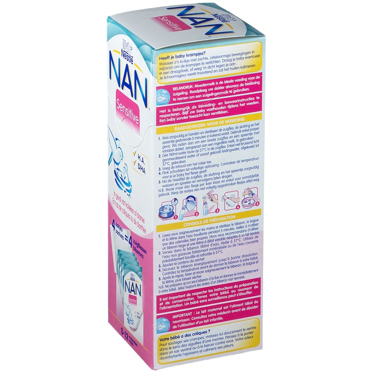 Dos de la boîte Nestlé NAN Sensitive. Texte multilingue. Illustrations de préparation.