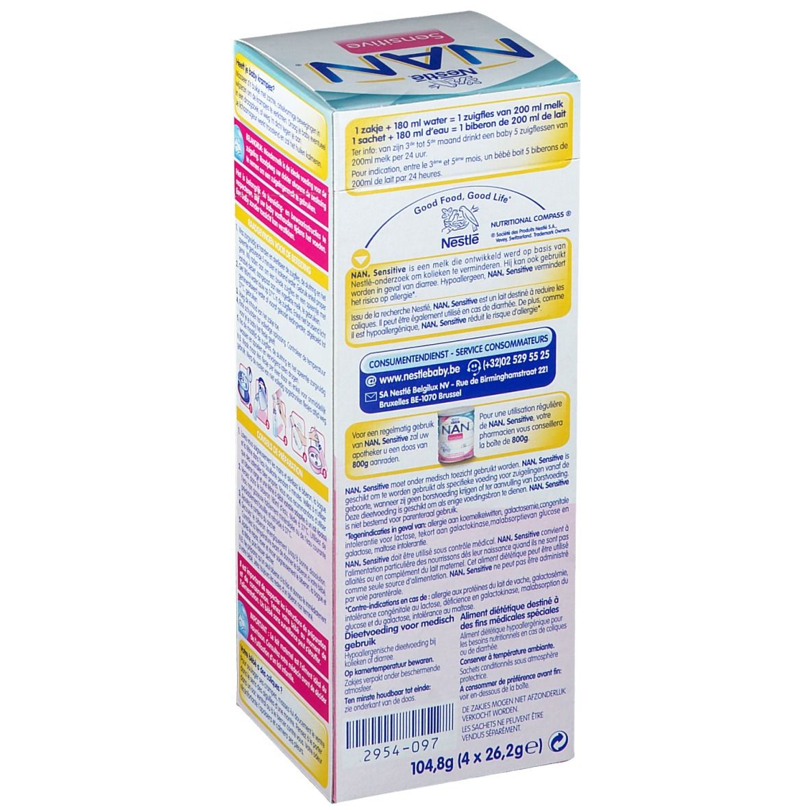 Côté de la boîte Nestlé NAN Sensitive. Texte multilingue. Informations nutritionnelles et coordonnées.