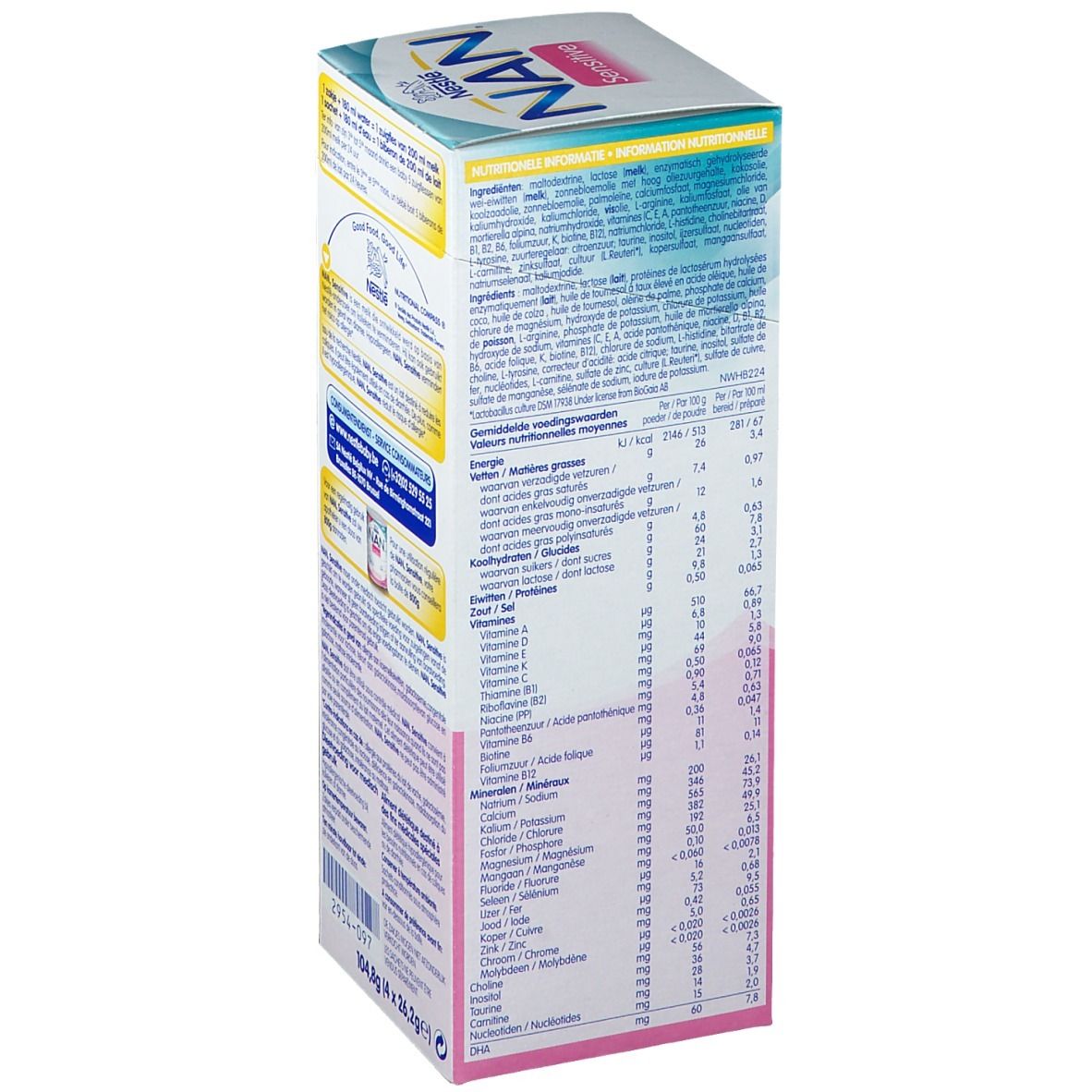 Côté de la boîte Nestlé NAN Sensitive. Texte multilingue. Informations nutritionnelles et ingrédients.