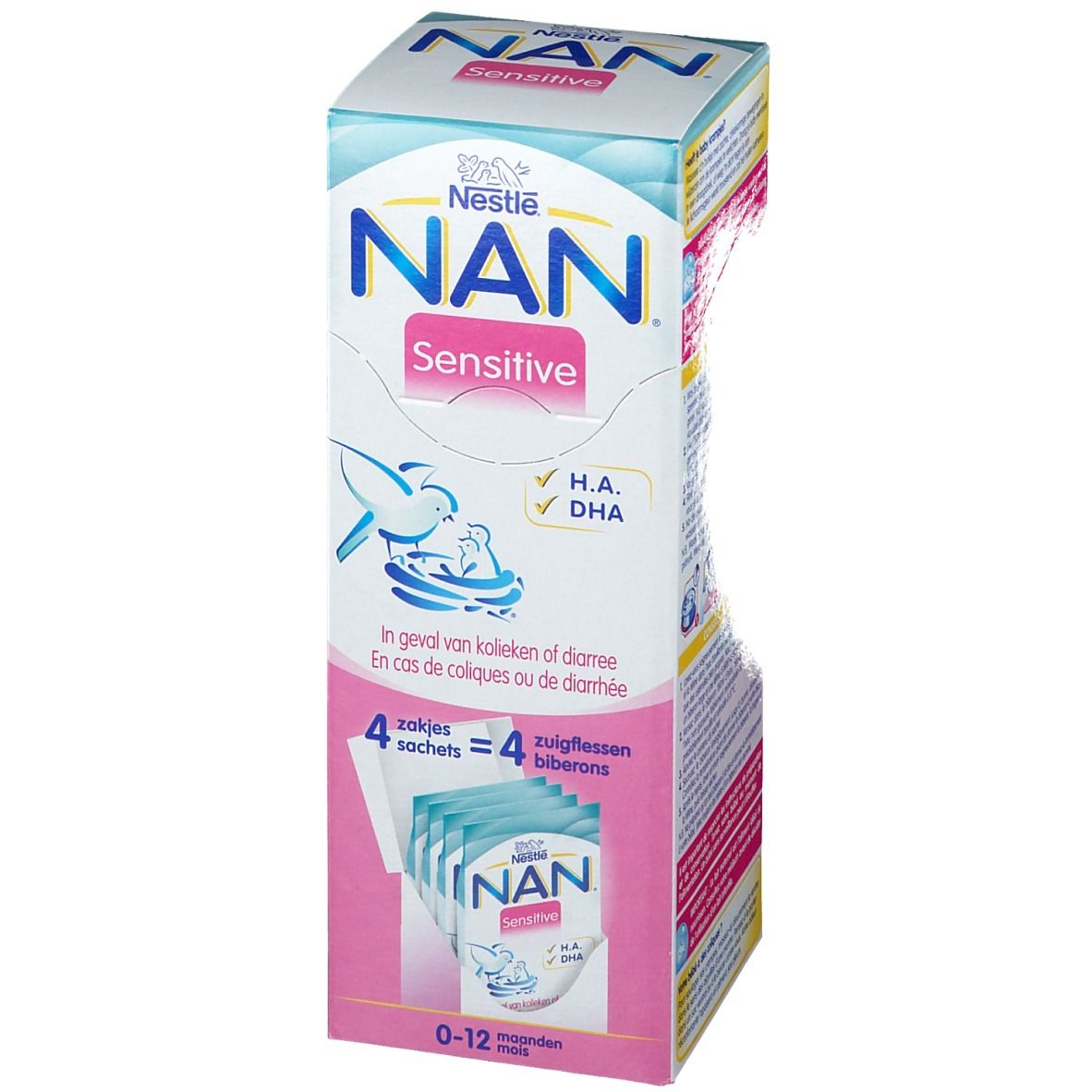 Boîte Nestlé NAN Sensitive. Design rose et blanc. Contient 4 sachets. Texte : H.A., DHA, 0-12 mois.