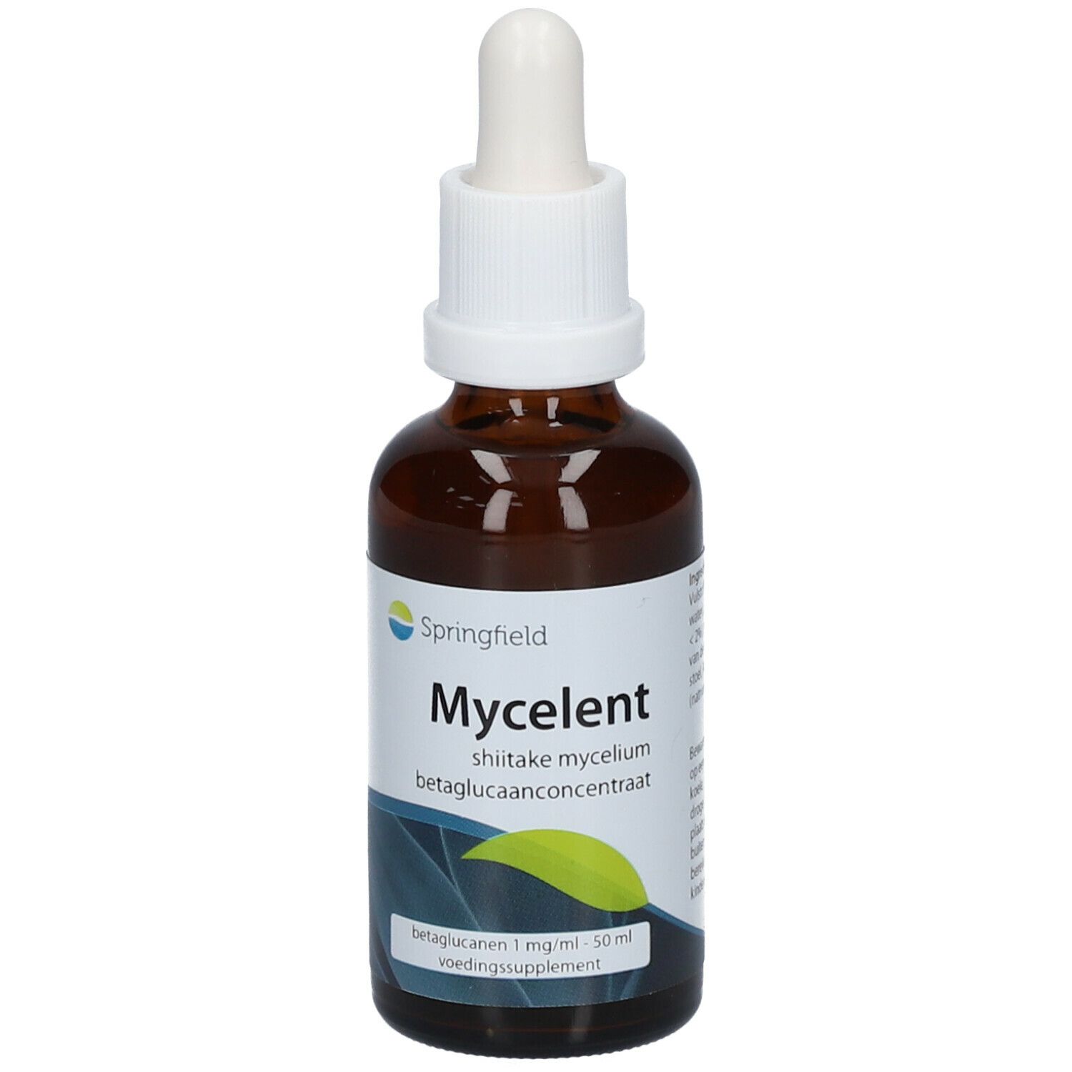 Flacon en verre brun avec bouchon blanc et pipette. Inscription : Springfield Mycelent, Mycélium de Shiitaké.