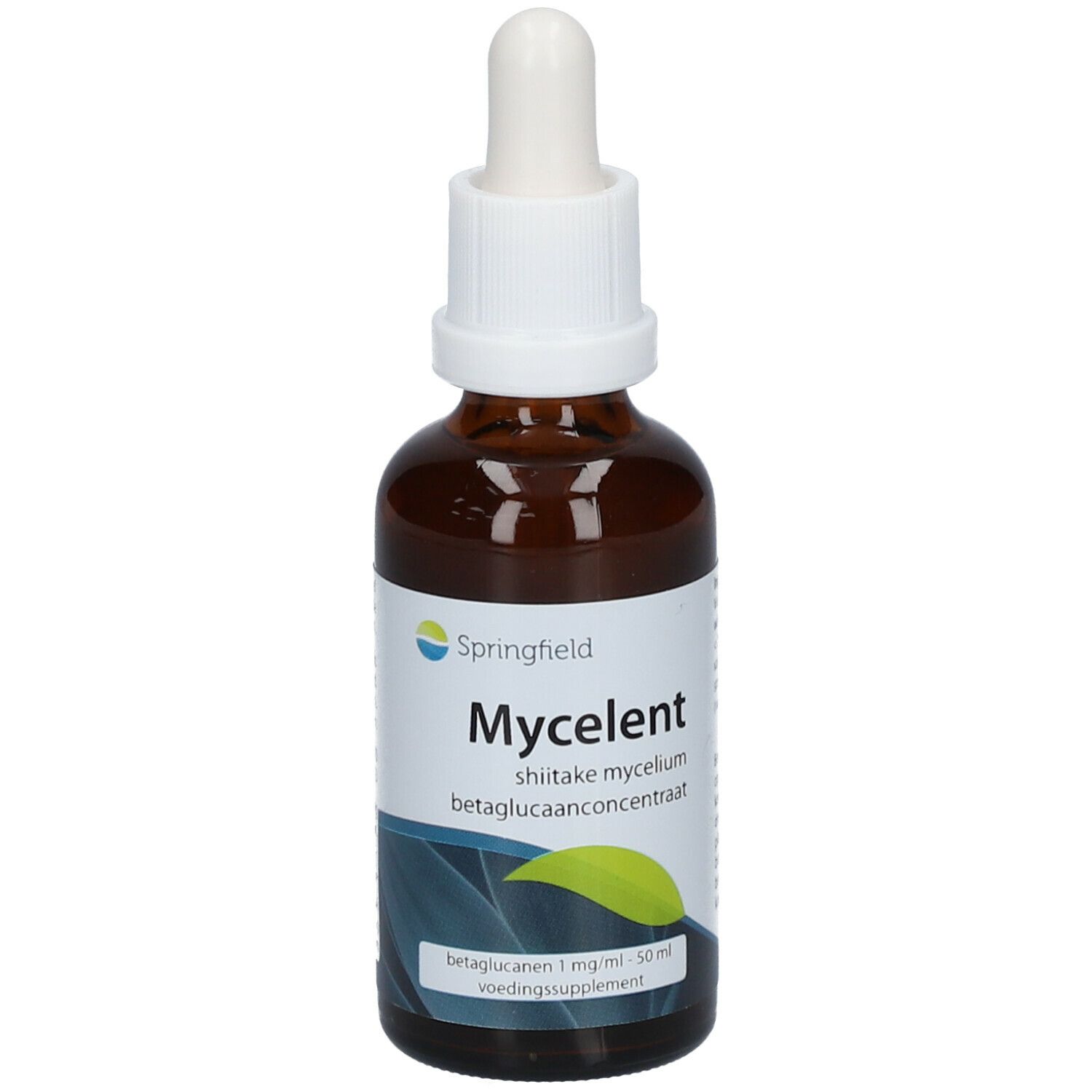 Flacon en verre brun avec bouchon blanc et pipette. Inscription : Springfield Mycelent, Mycélium de Shiitaké.