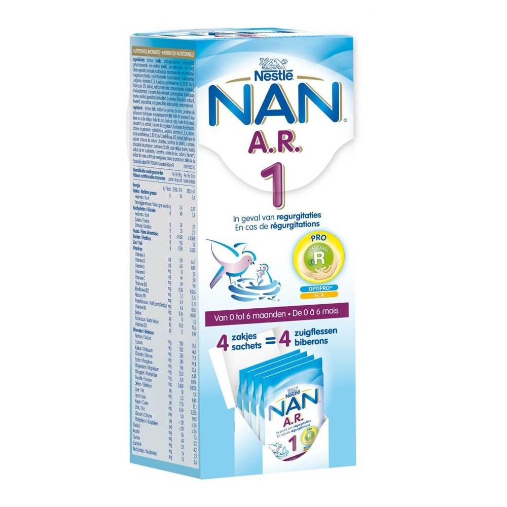 Nestlé NAN A.R. 1-verpakking. Bevat 4 sachets. Blauw-witte verpakking met productinformatie.