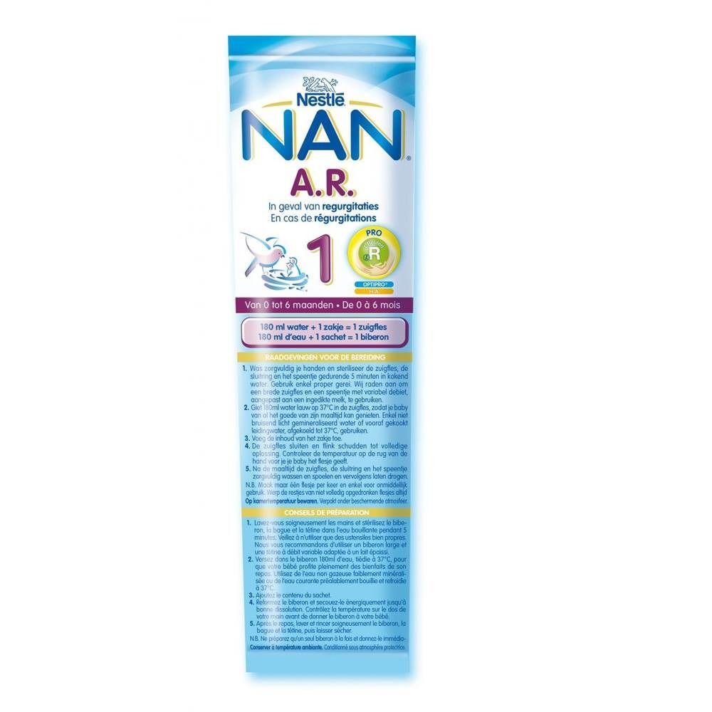 Nestlé NAN A.R. 1-sachet. Bevat productinformatie en bereidingsinstructies.