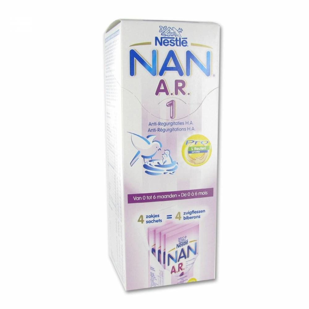 Nestlé NAN A.R. 1-verpakking. Bevat 4 sachets. Paars-witte verpakking met productinformatie.