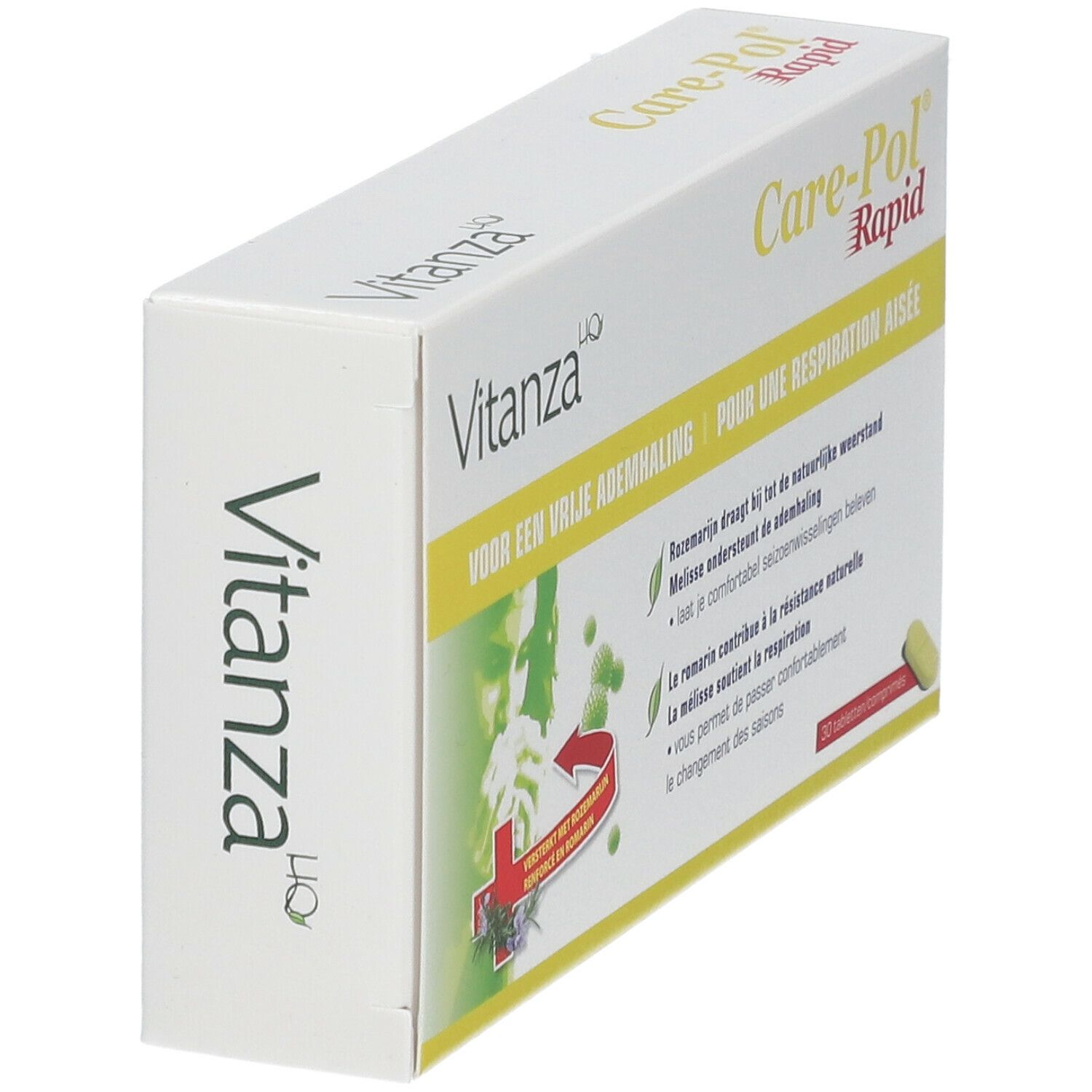 Boîte Vitanza HQ Care-Pol Rapid. Carton blanc avec nom. Vue en biais.