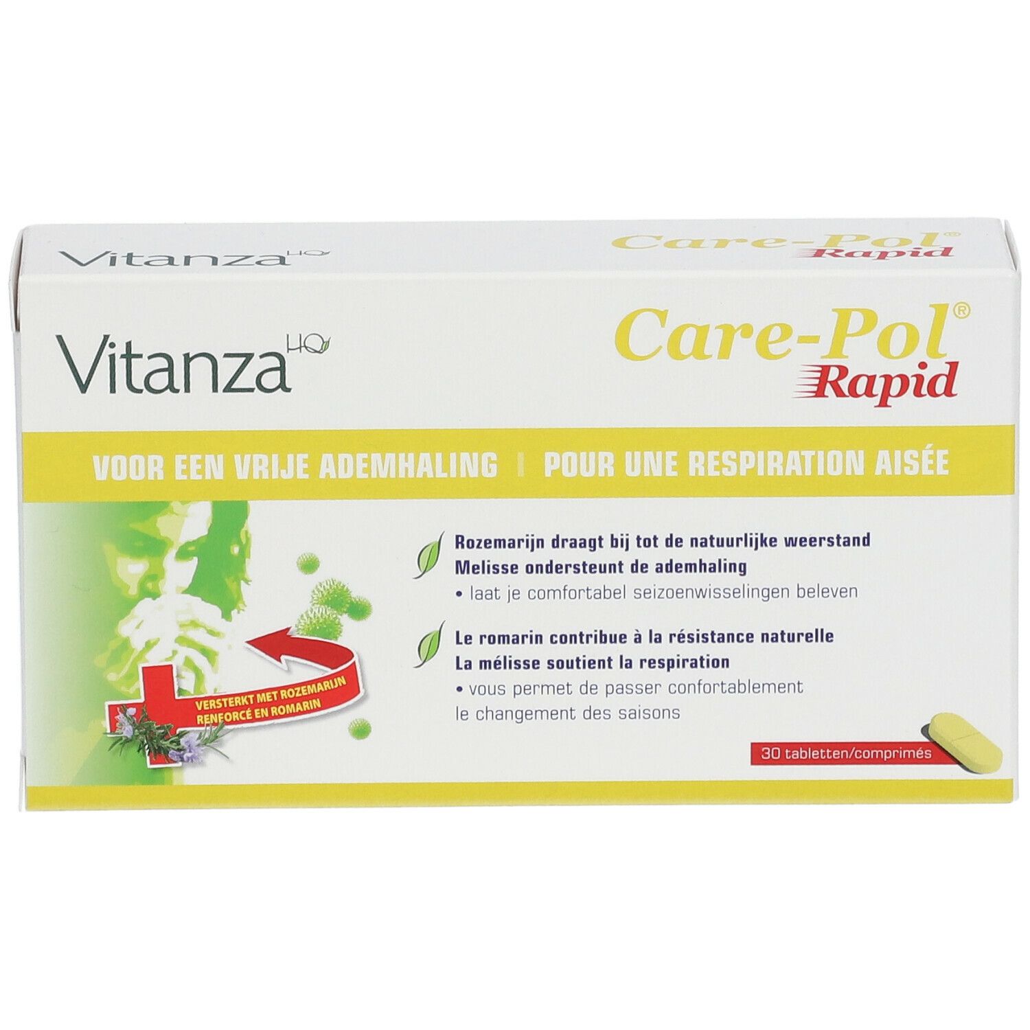 Boîte Vitanza HQ Care-Pol Rapid. Carton blanc avec nom et informations. 30 comprimés.