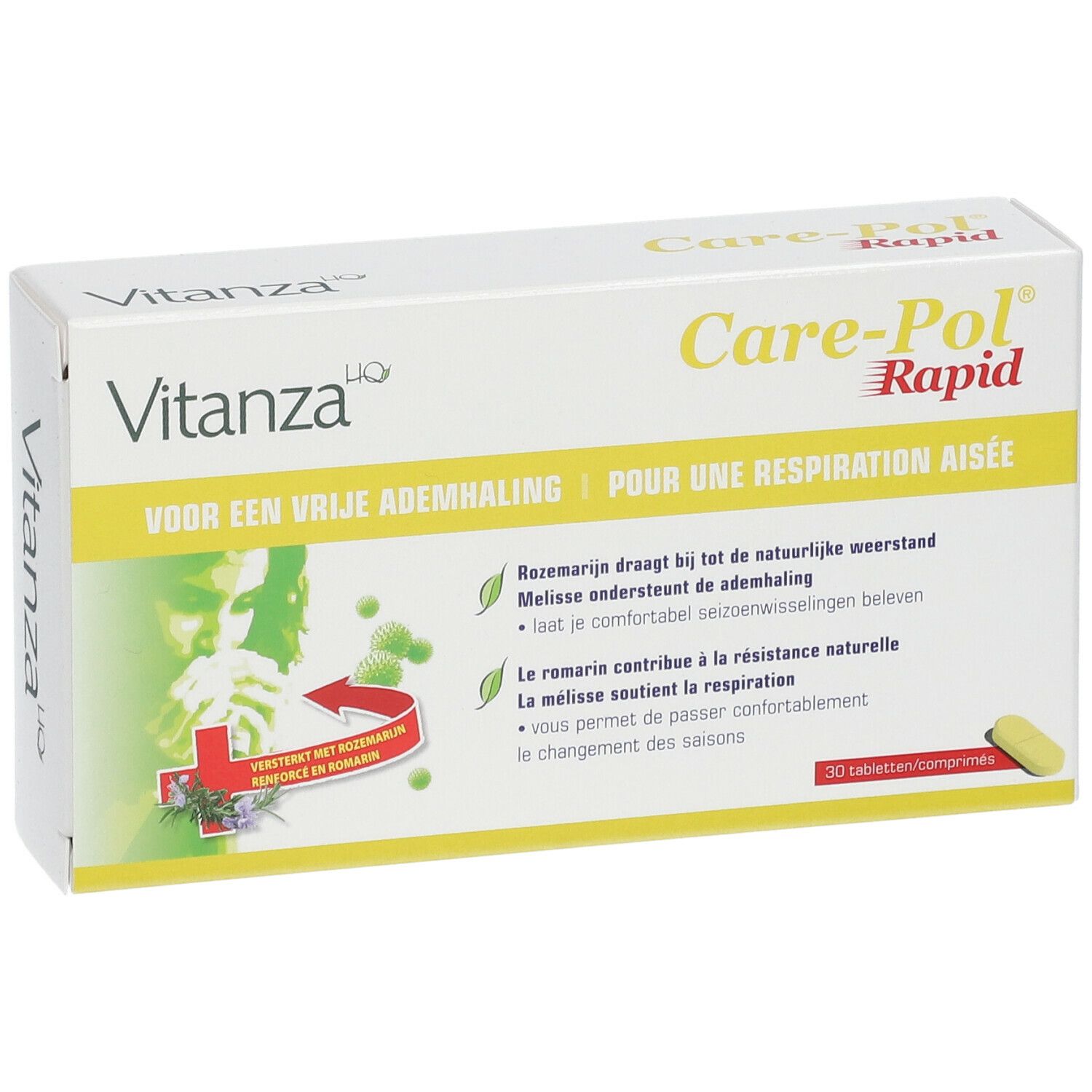 Boîte Vitanza HQ Care-Pol Rapid. Carton blanc avec nom et informations. 30 comprimés.