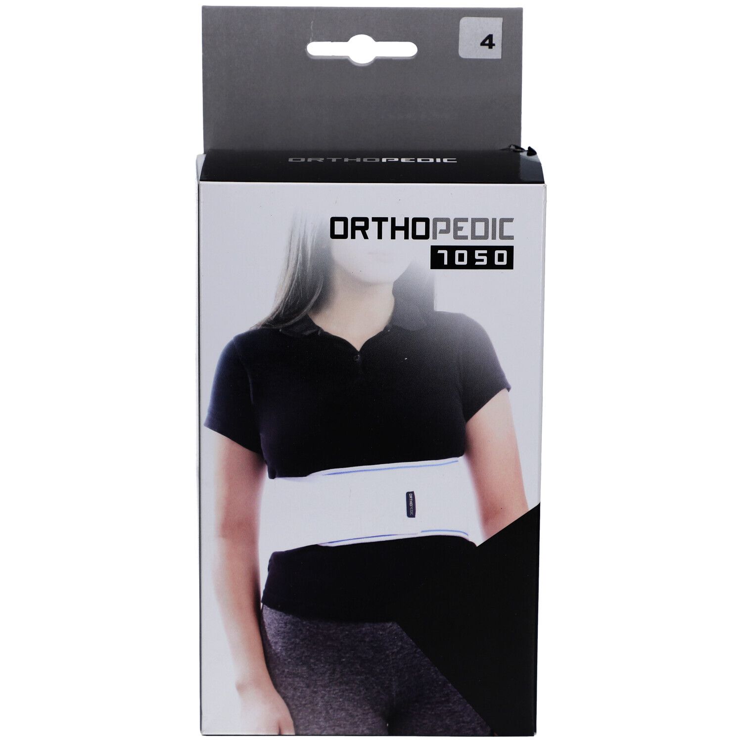 Orthopedische bandage in verpakking. Opschrift: ORTHOPEDIC 7050. Afbeelding van vrouw met bandage. Doos met ophanghaak.