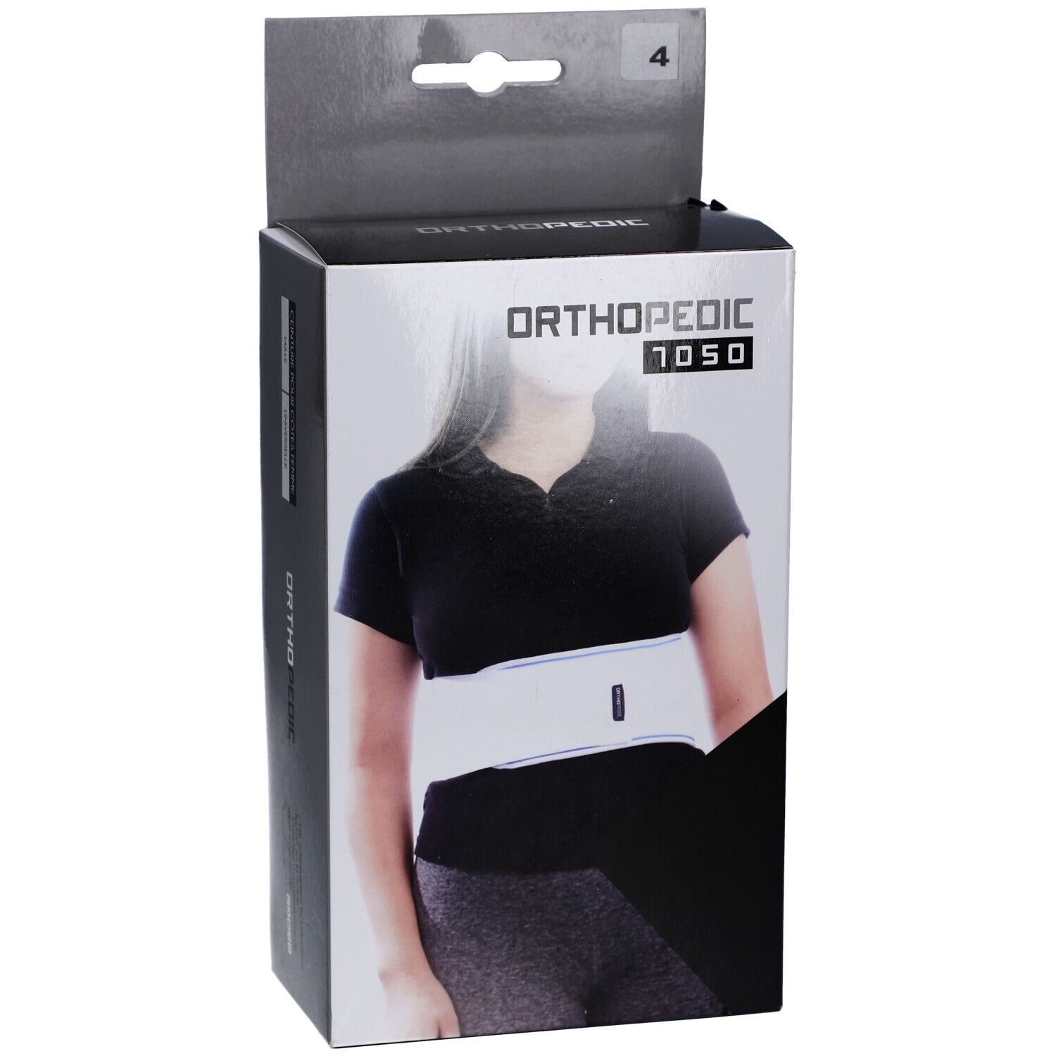 Orthopedische bandage in verpakking. Opschrift: ORTHOPEDIC 7050. Afbeelding van vrouw met bandage. Doos met ophanghaak.