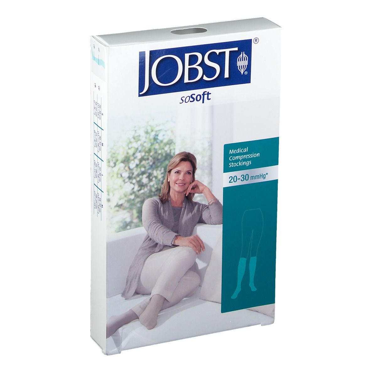 Boîte de JOBST soSoft. Texte: Medical Compression Stockings 20-30 mmHg. Femme assise sur un canapé.